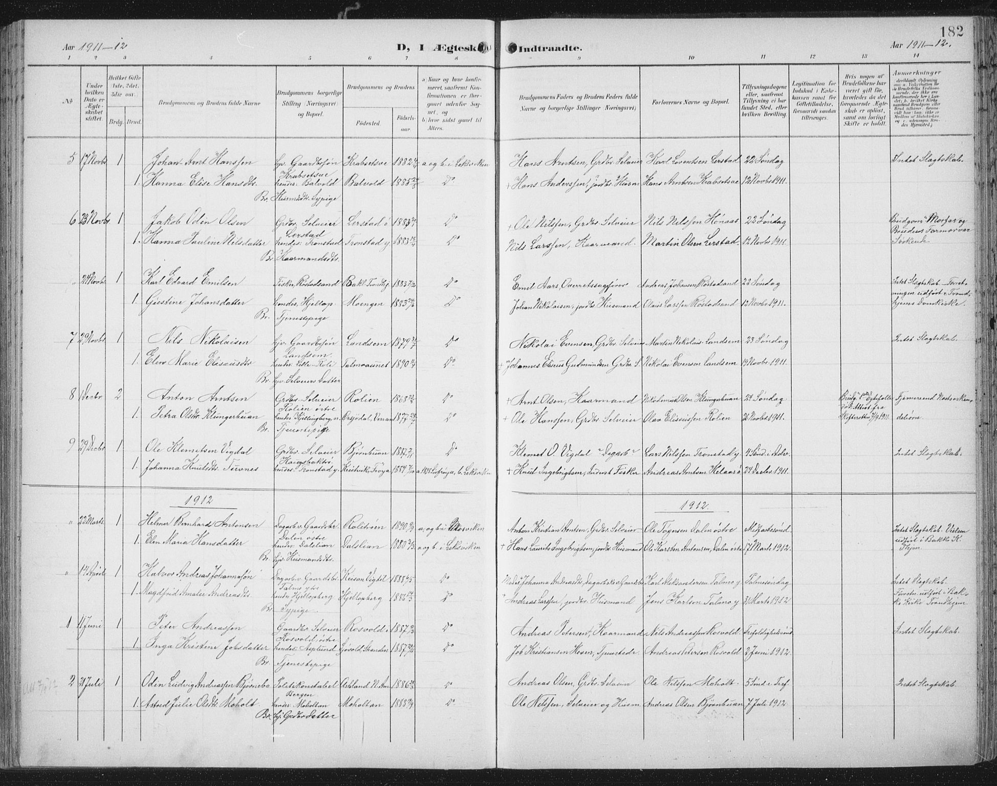 Ministerialprotokoller, klokkerbøker og fødselsregistre - Nord-Trøndelag, SAT/A-1458/701/L0011: Parish register (official) no. 701A11, 1899-1915, p. 182