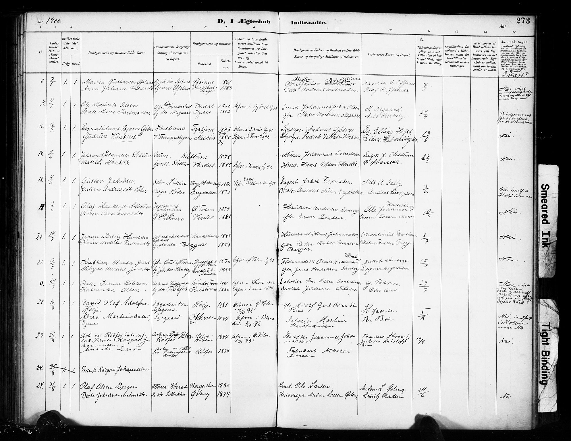 Vestre Toten prestekontor, AV/SAH-PREST-108/H/Ha/Haa/L0011: Parish register (official) no. 11, 1895-1906, p. 273