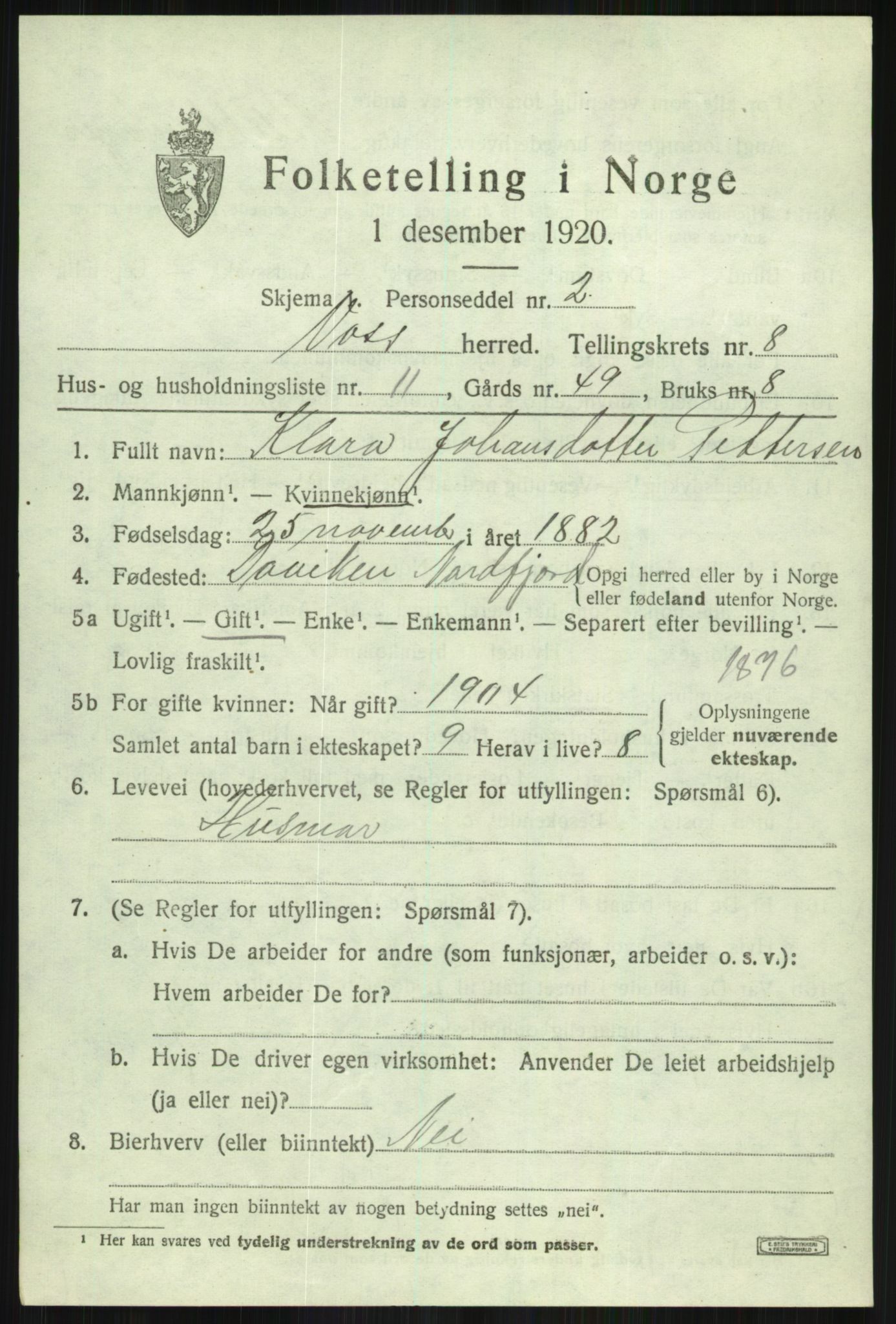 SAB, 1920 census for Voss, 1920, p. 7877