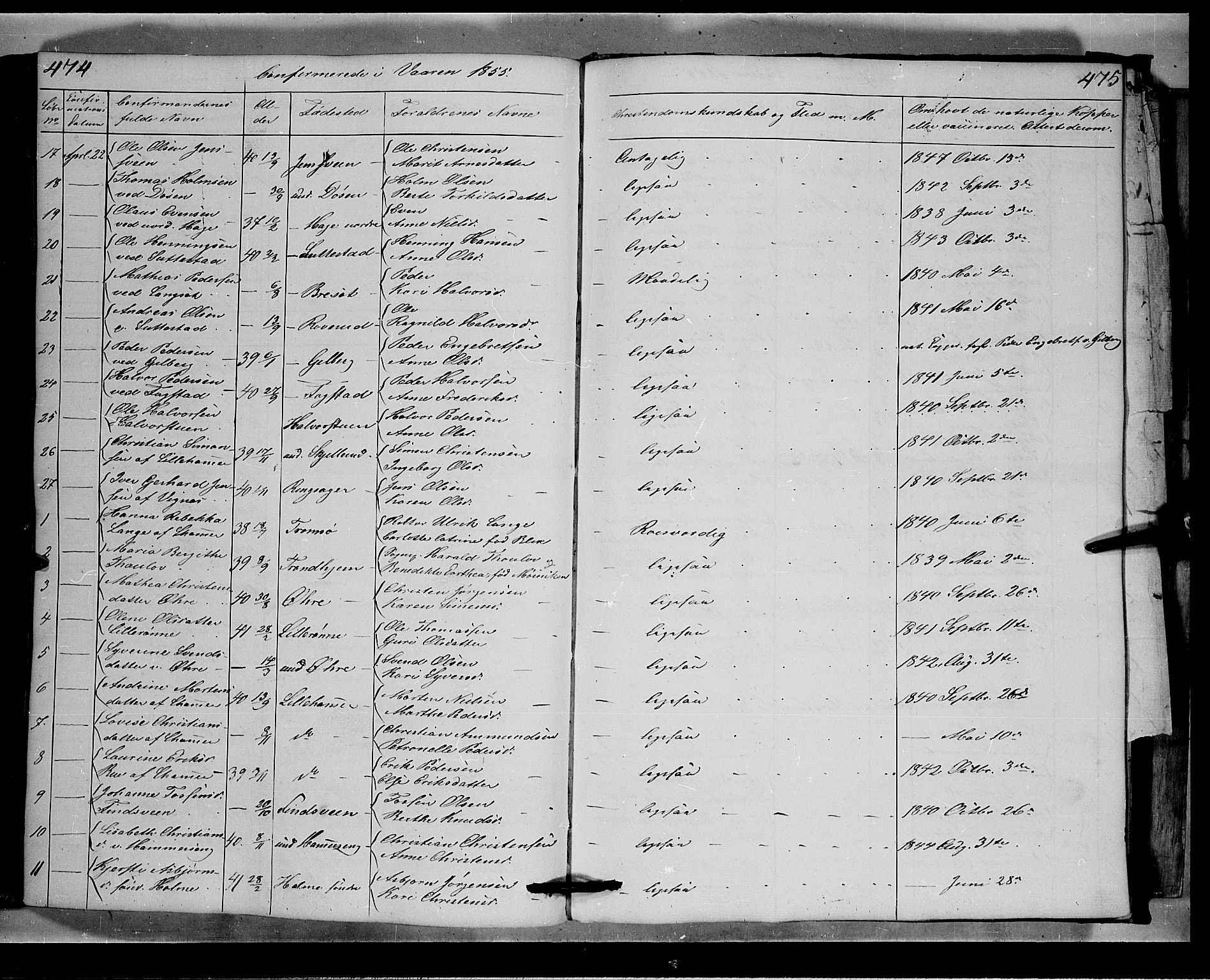 Fåberg prestekontor, SAH/PREST-086/H/Ha/Hab/L0006: Parish register (copy) no. 6, 1837-1855, p. 474-475