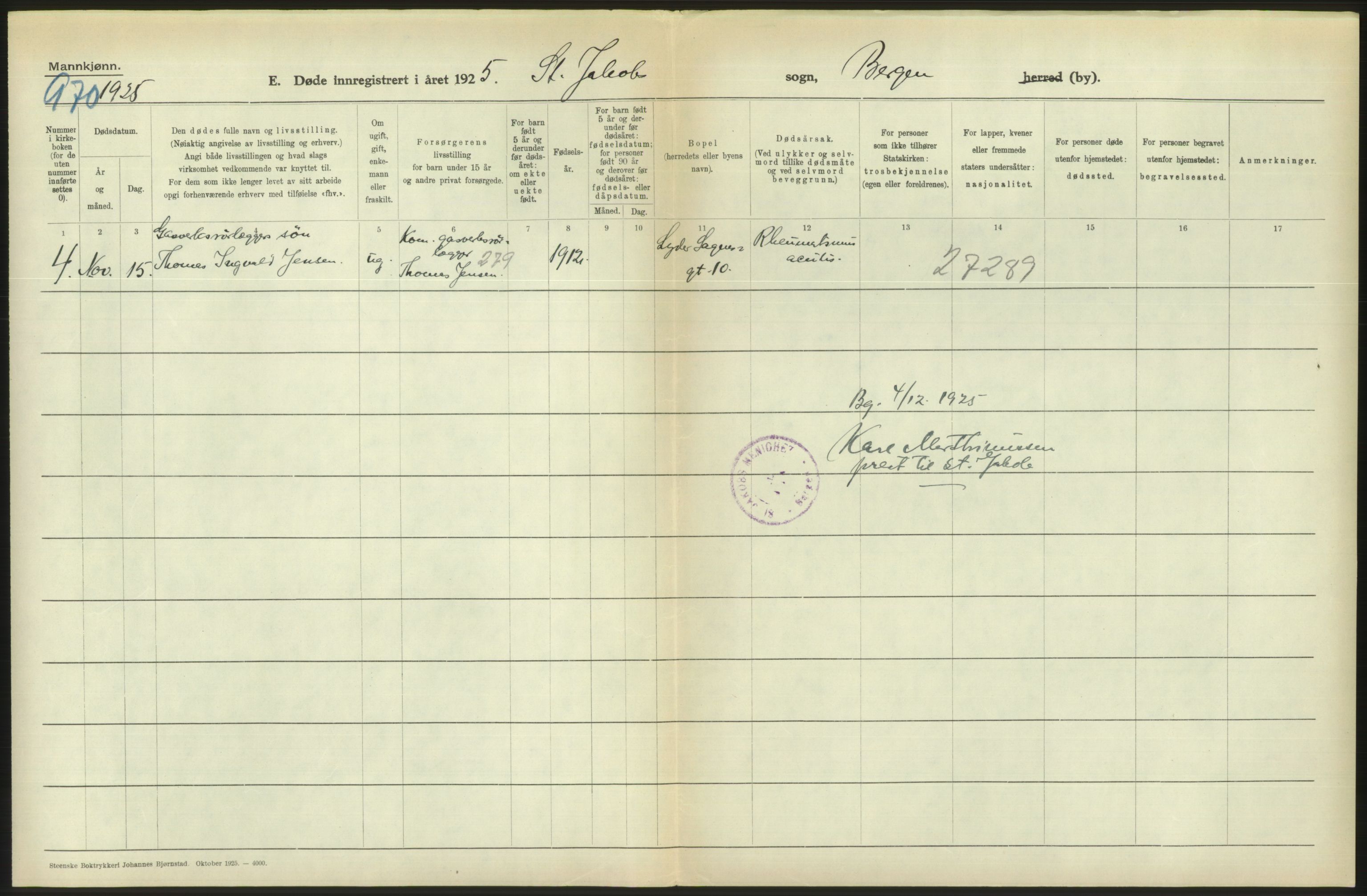 Statistisk sentralbyrå, Sosiodemografiske emner, Befolkning, RA/S-2228/D/Df/Dfc/Dfce/L0029: Bergen: Gifte, døde., 1925, p. 482