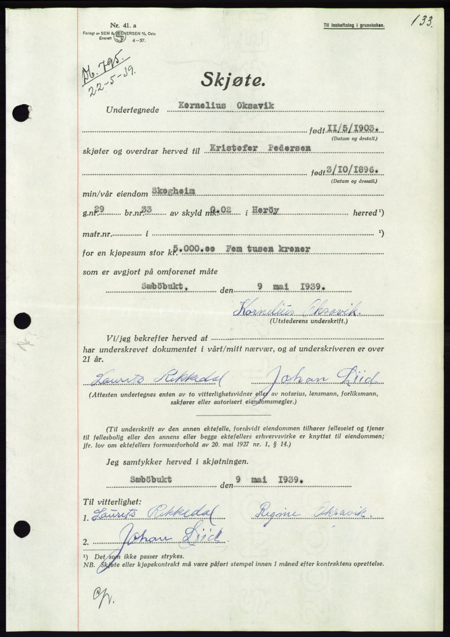 Søre Sunnmøre sorenskriveri, AV/SAT-A-4122/1/2/2C/L0068: Mortgage book no. 62, 1939-1939, Diary no: : 795/1939