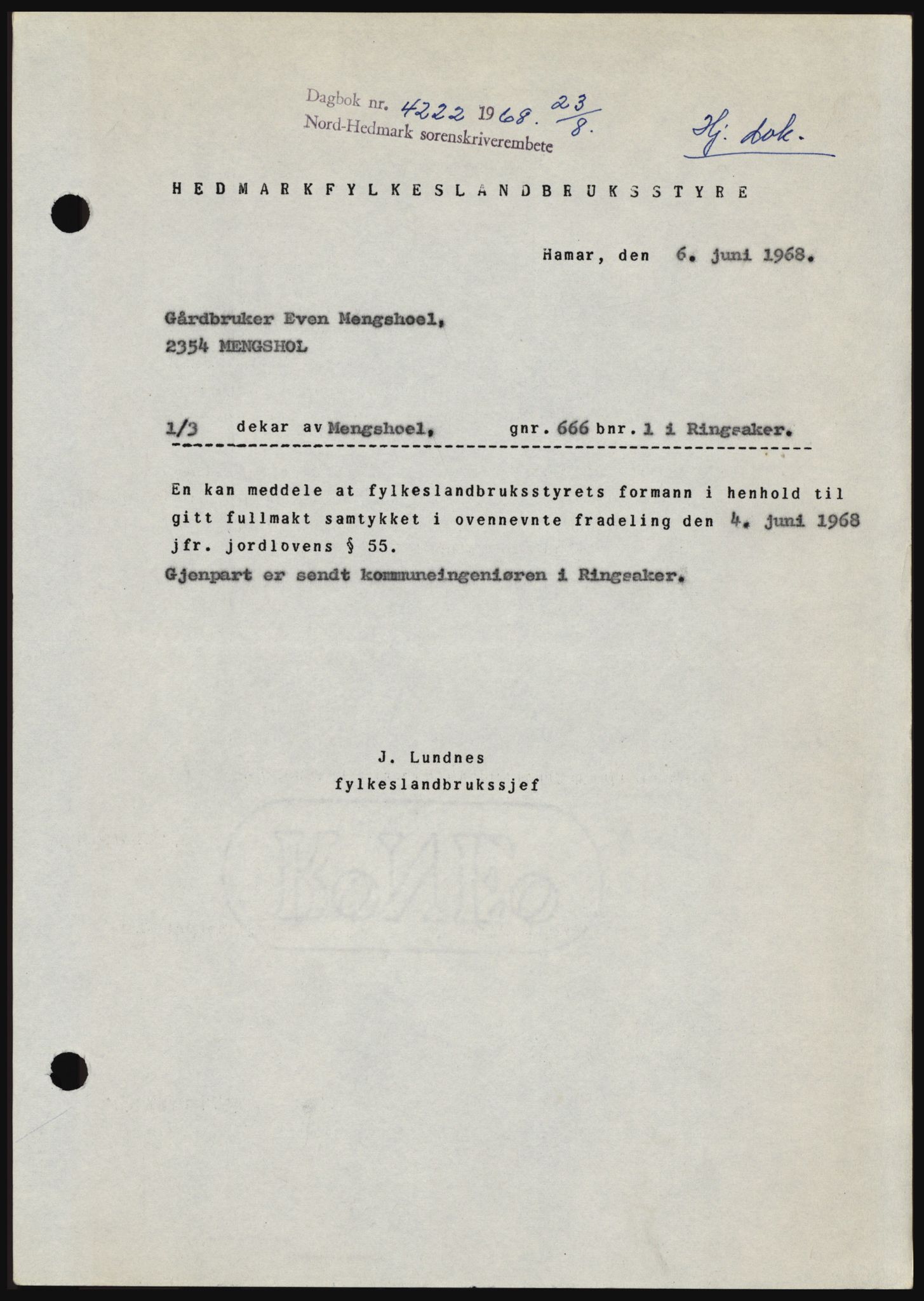 Nord-Hedmark sorenskriveri, SAH/TING-012/H/Hc/L0028: Mortgage book no. 28, 1968-1968, Diary no: : 4222/1968