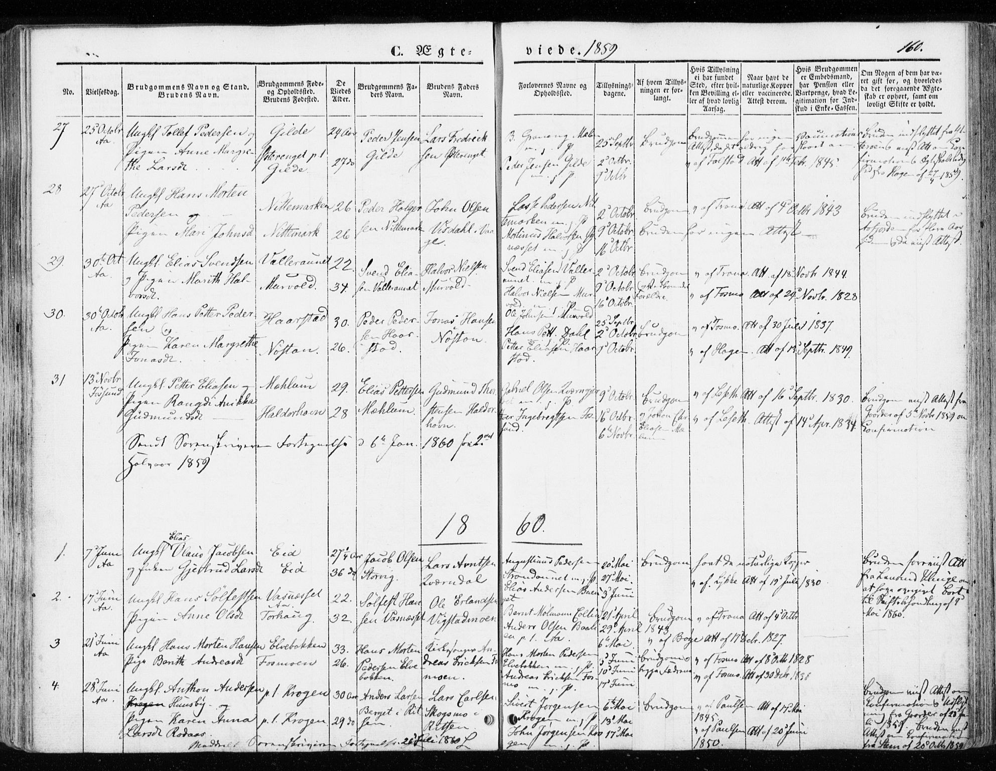 Ministerialprotokoller, klokkerbøker og fødselsregistre - Sør-Trøndelag, SAT/A-1456/655/L0677: Parish register (official) no. 655A06, 1847-1860, p. 160