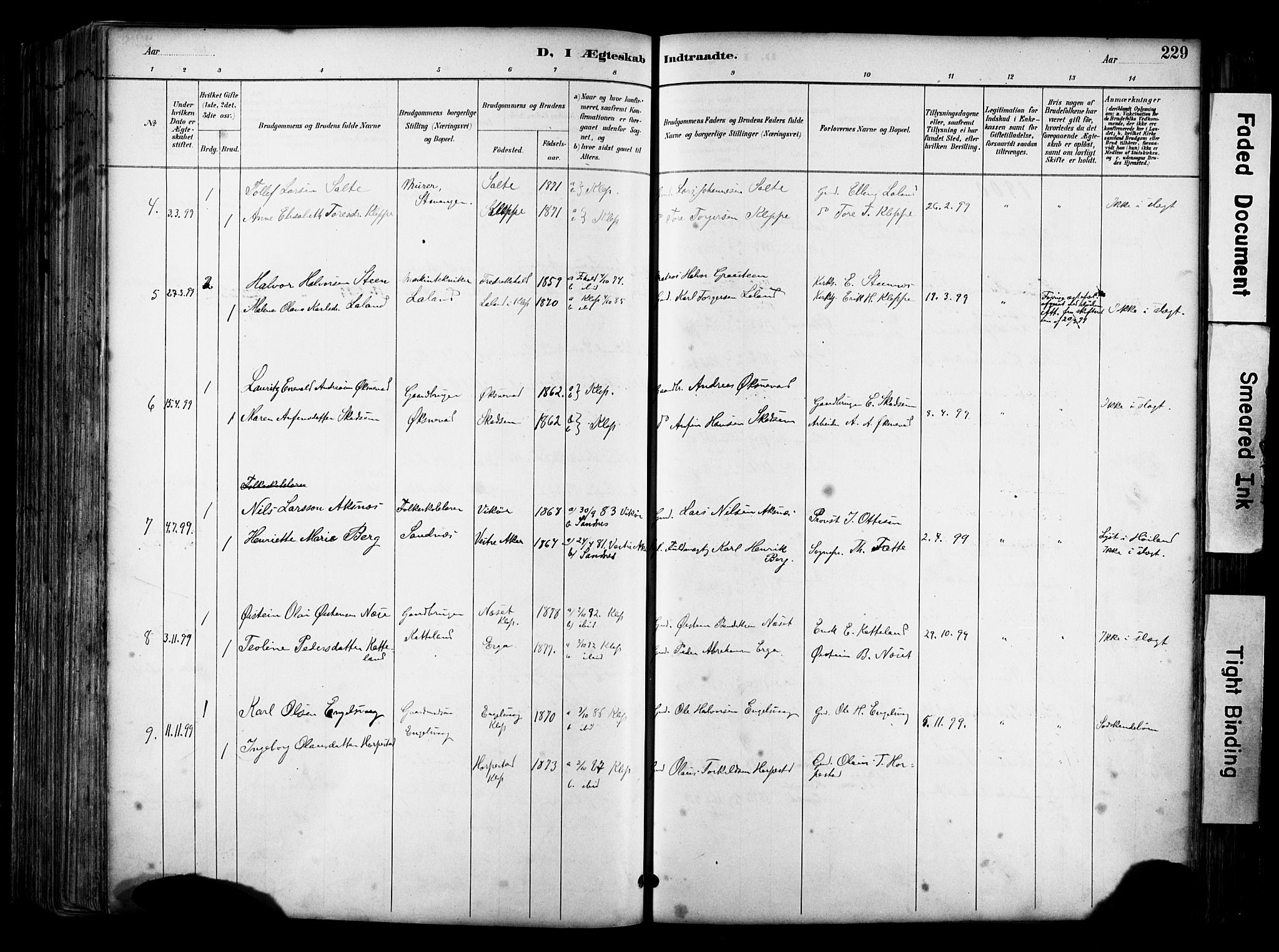Klepp sokneprestkontor, SAST/A-101803/001/3/30BA/L0009: Parish register (official) no. A 7, 1886-1915, p. 229