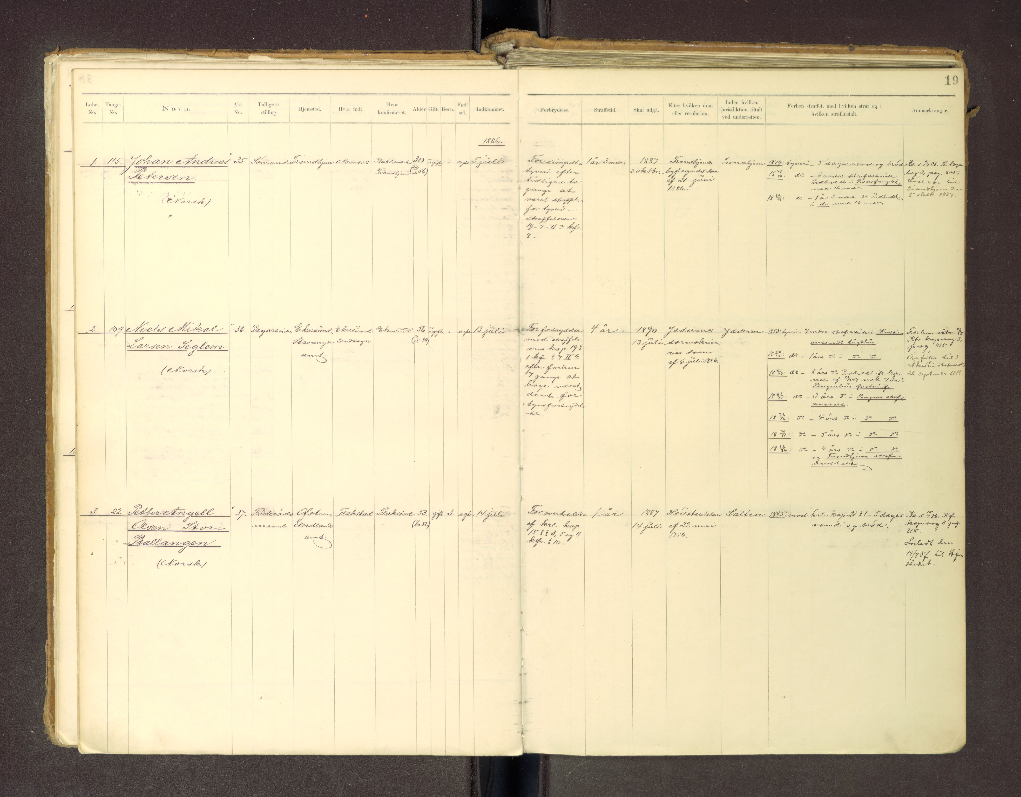 Trondheim tukthus, SAT/A-4619/05/65/L0036: 65.36 Fangeprotokoll m/reg, 1885-1898, p. 19