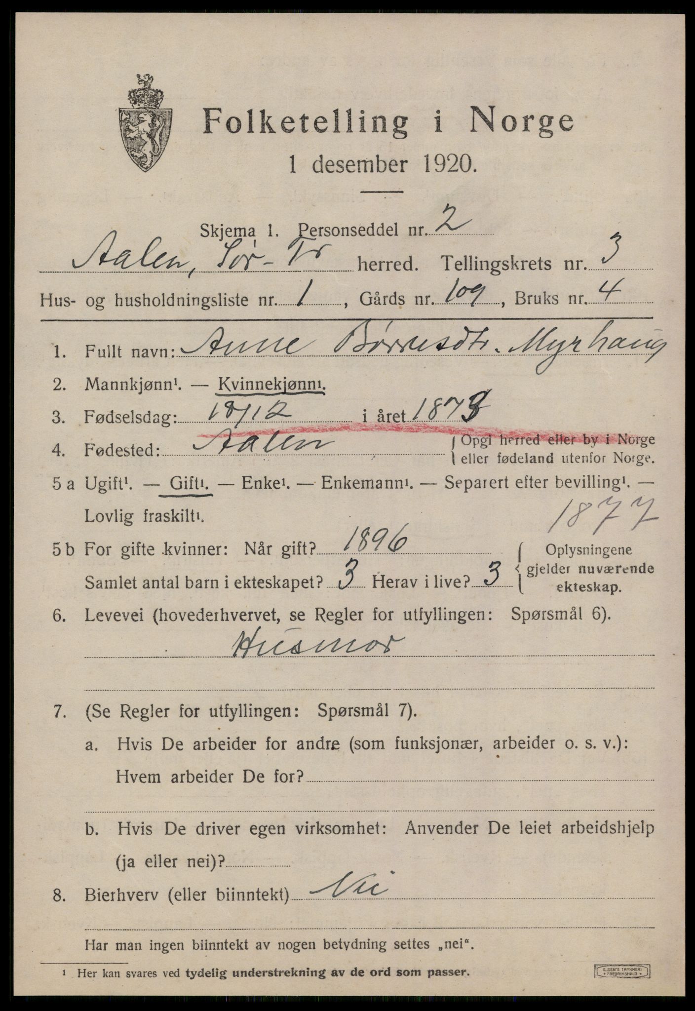 SAT, 1920 census for Ålen, 1920, p. 1524