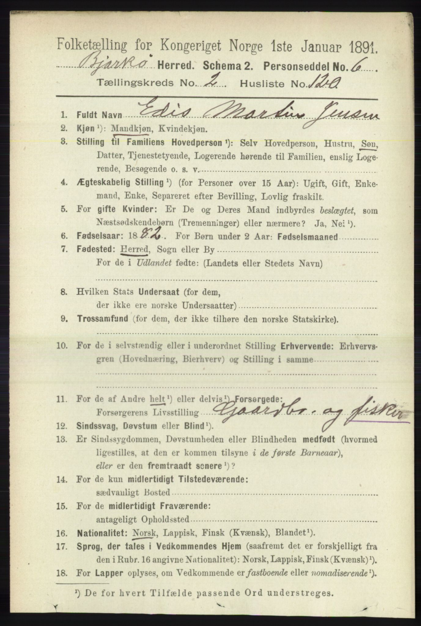 RA, 1891 census for 1915 Bjarkøy, 1891, p. 1470