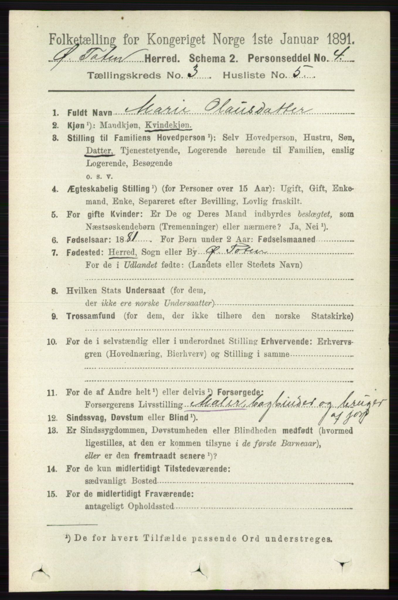 RA, 1891 census for 0528 Østre Toten, 1891, p. 1586