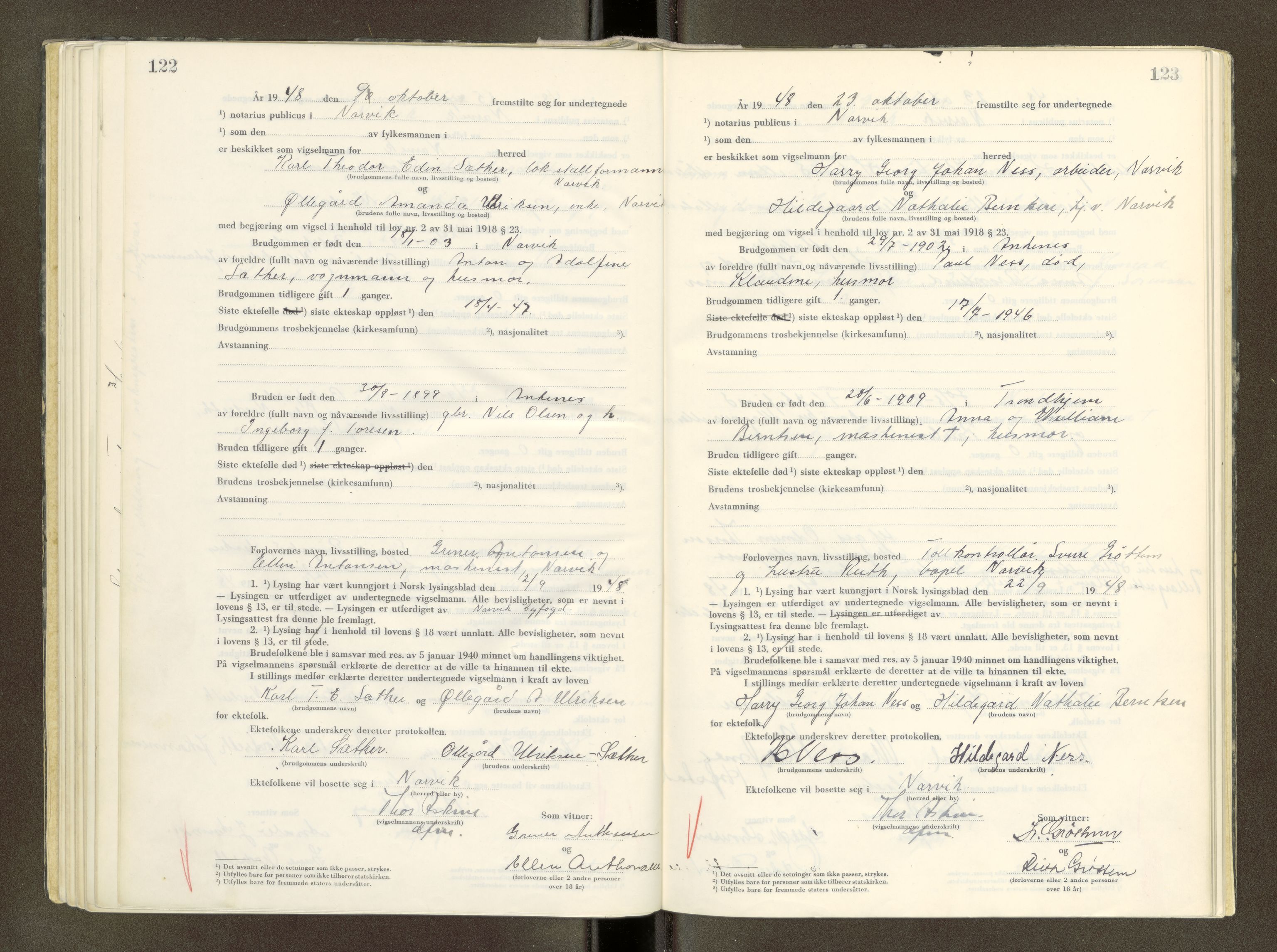 Narvik sorenskriveri, AV/SAT-A-0002/1/6/6D/6Db/L0004: Vigselsprotokoll, 1945-1951, p. 122-123