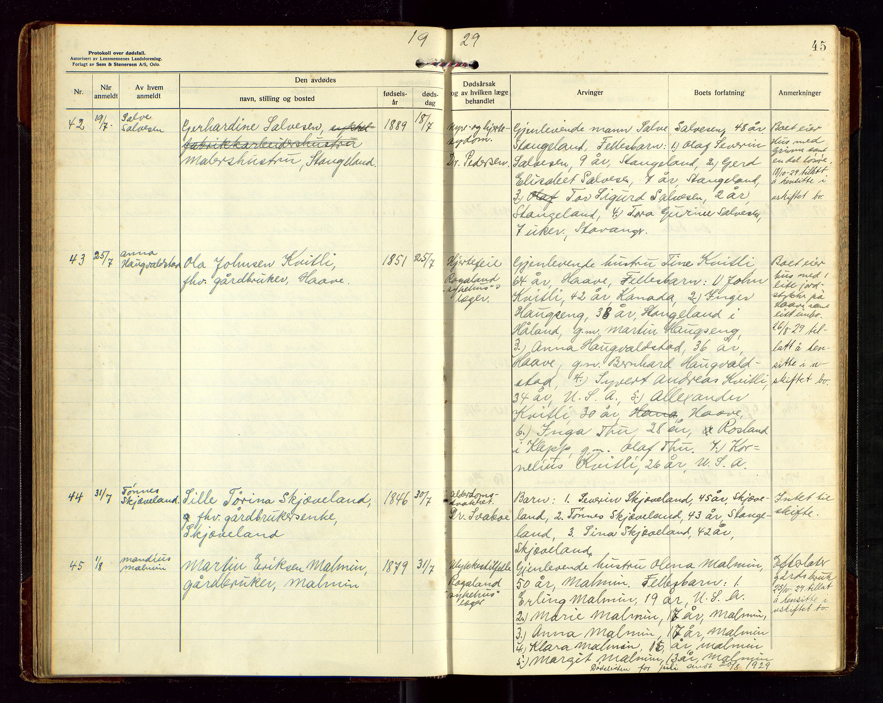 Høyland/Sandnes lensmannskontor, AV/SAST-A-100166/Gga/L0006: "Protkokoll over anmeldte dødsfall i Høylands lensmandsdistrikt", 1926-1937, p. 45