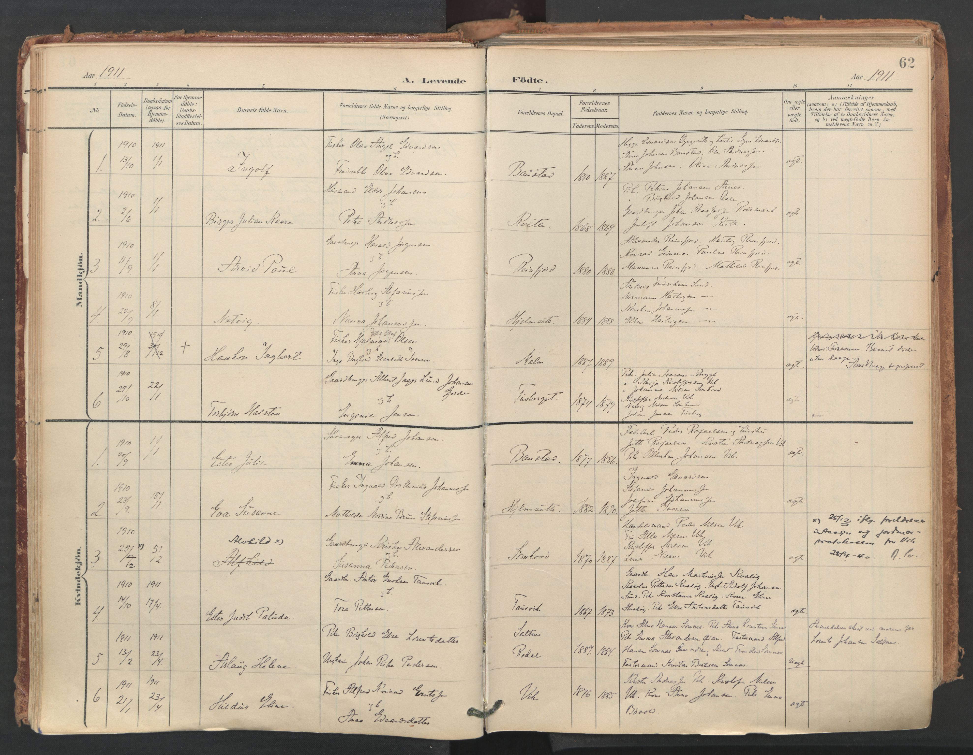 Ministerialprotokoller, klokkerbøker og fødselsregistre - Nordland, SAT/A-1459/812/L0180: Parish register (official) no. 812A09, 1901-1915, p. 62