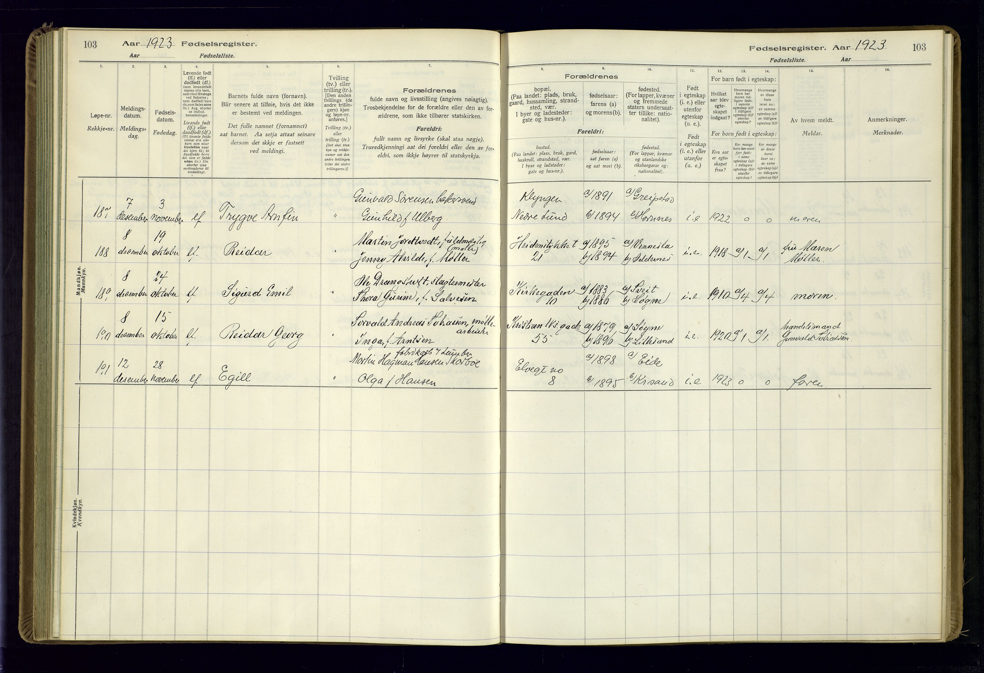 Kristiansand domprosti, AV/SAK-1112-0006/J/Jc/L0002: Birth register no. A-VI-46, 1921-1926, p. 103