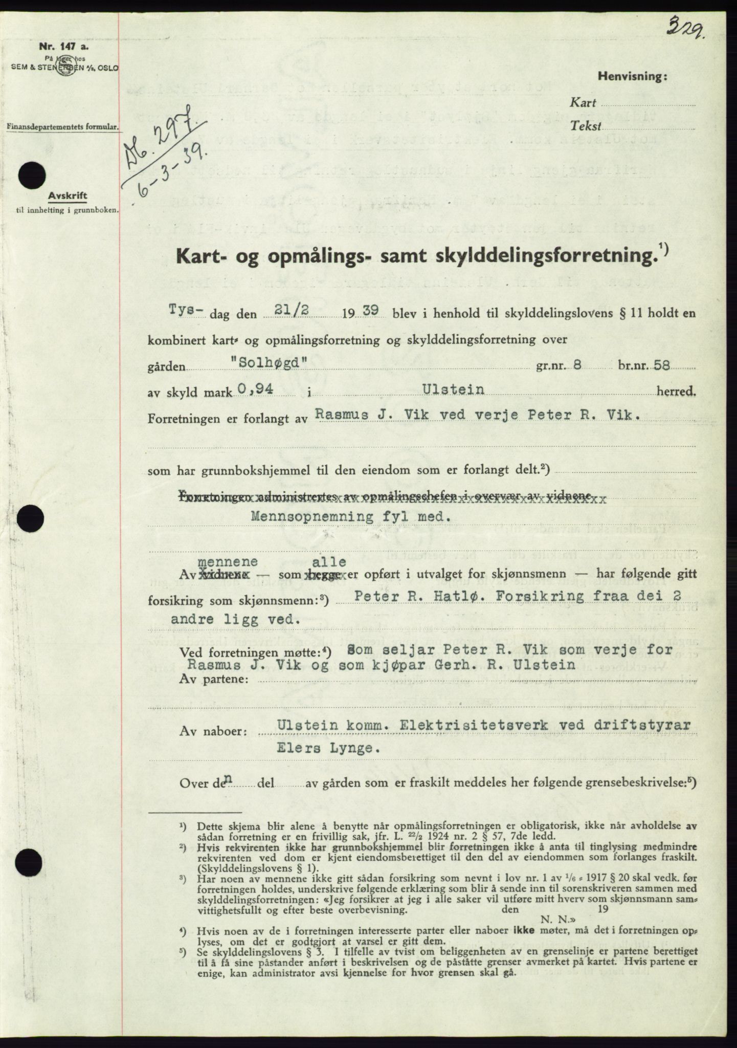 Søre Sunnmøre sorenskriveri, AV/SAT-A-4122/1/2/2C/L0067: Mortgage book no. 61, 1938-1939, Diary no: : 297/1939