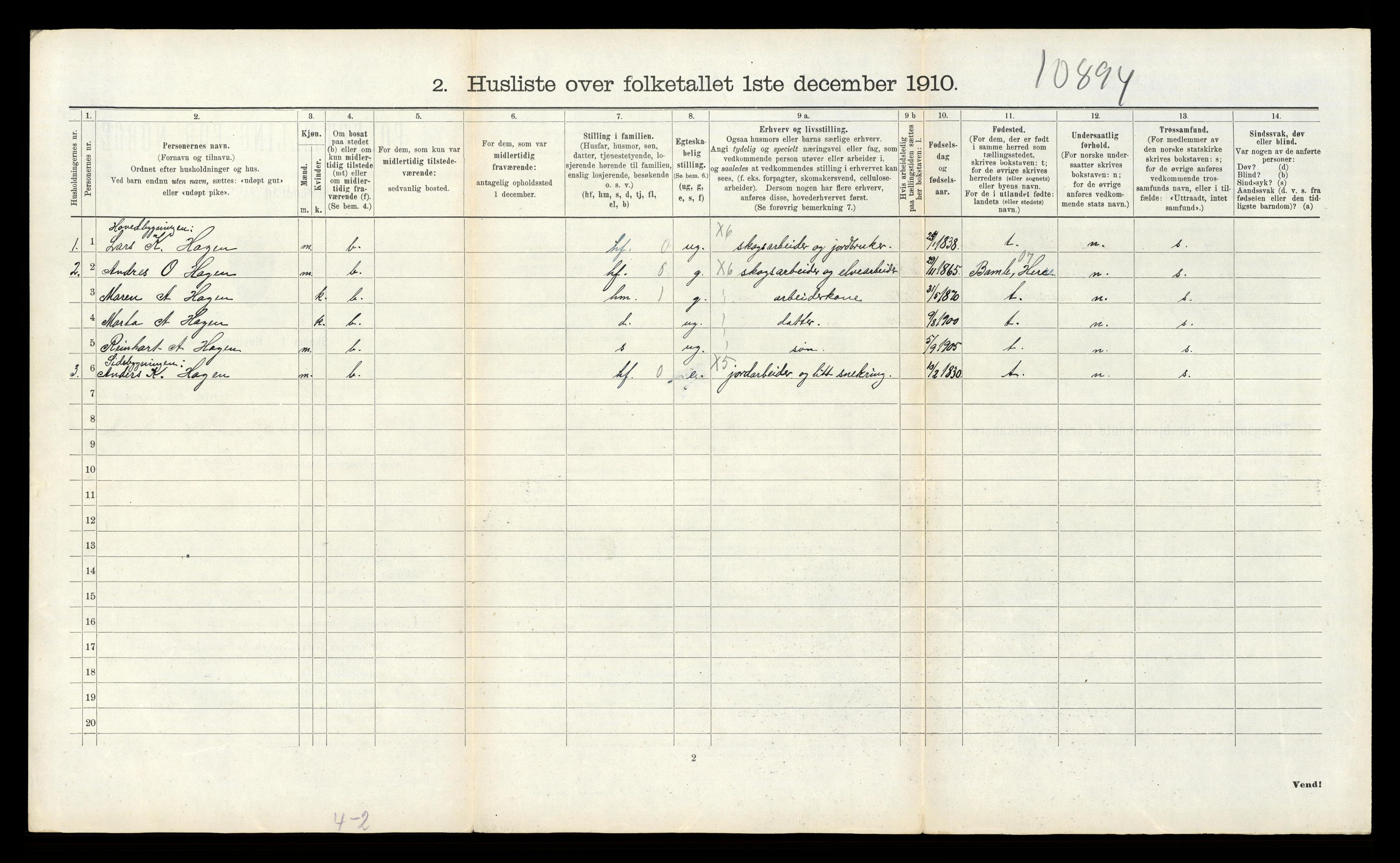 RA, 1910 census for Solum, 1910, p. 2598