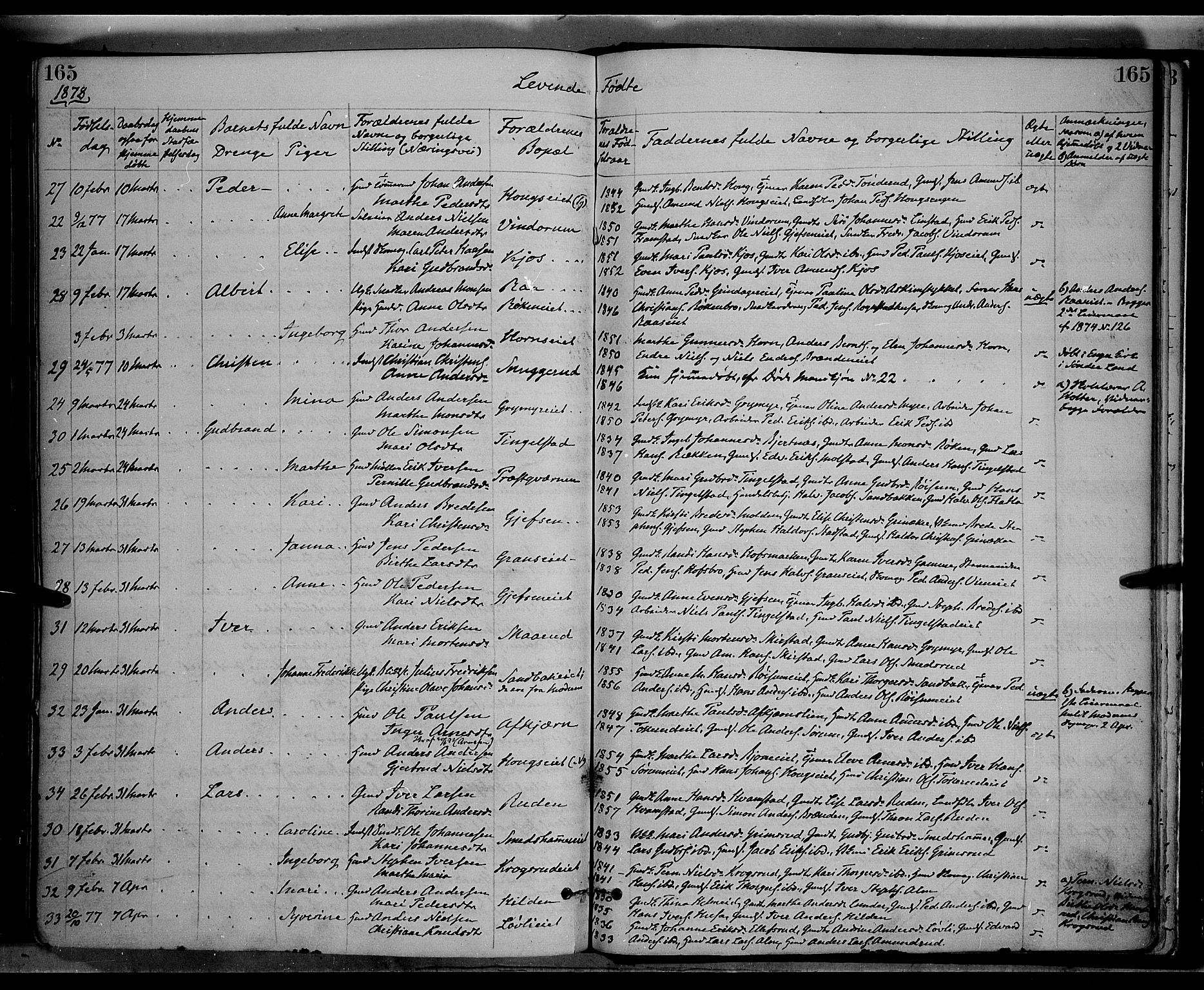 Gran prestekontor, SAH/PREST-112/H/Ha/Haa/L0013: Parish register (official) no. 13, 1875-1879, p. 165