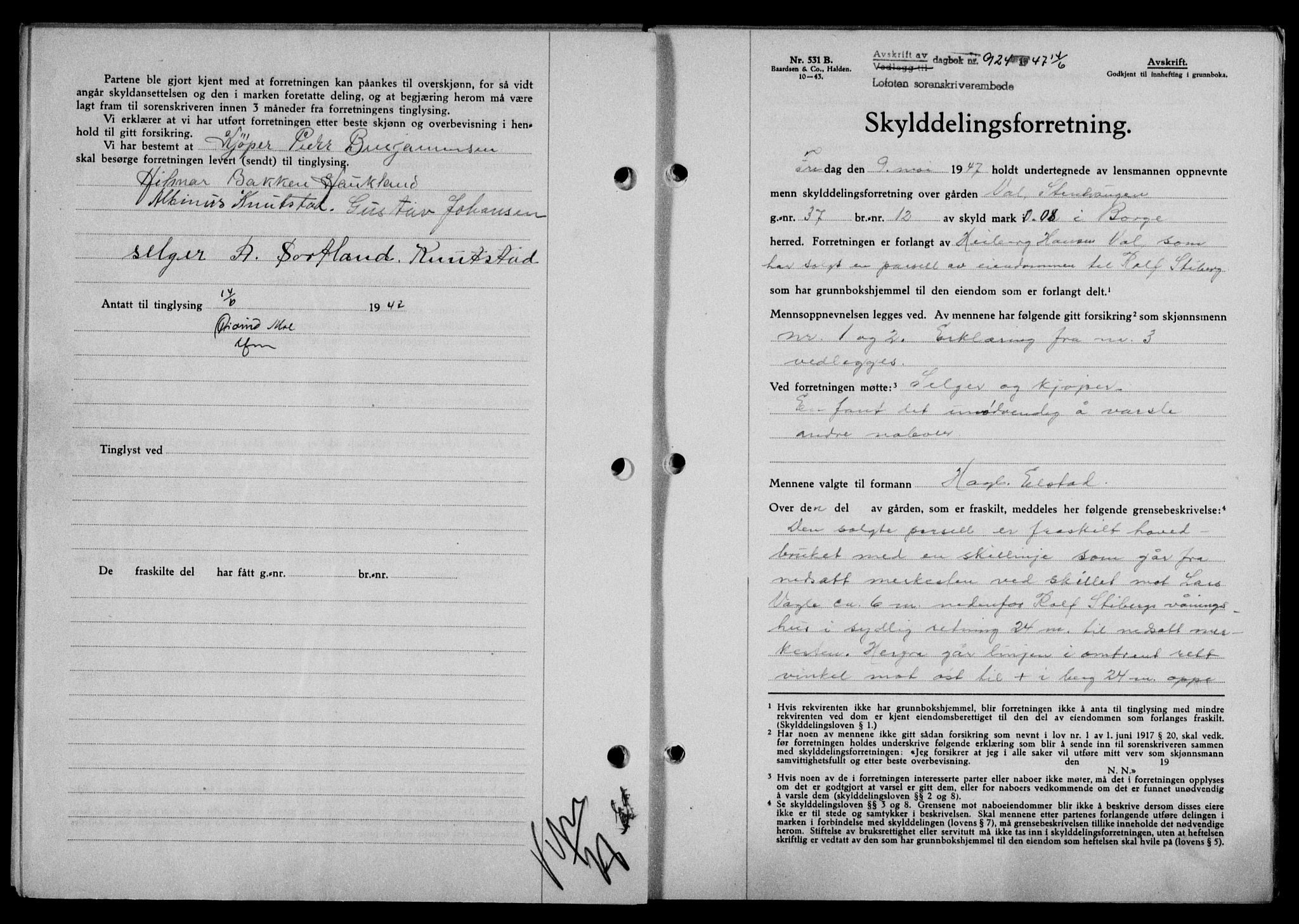 Lofoten sorenskriveri, SAT/A-0017/1/2/2C/L0016a: Mortgage book no. 16a, 1947-1947, Diary no: : 924/1947