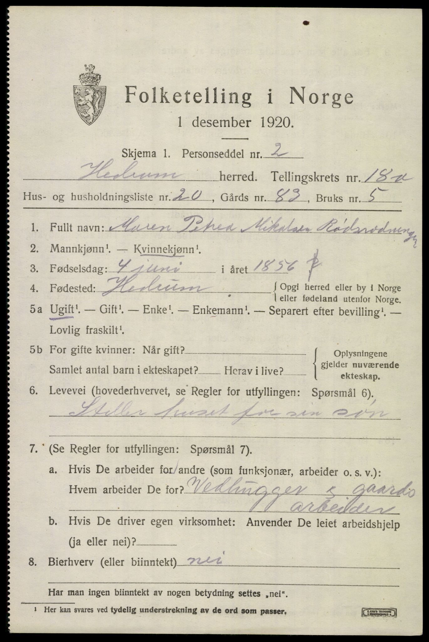 SAKO, 1920 census for Hedrum, 1920, p. 11007