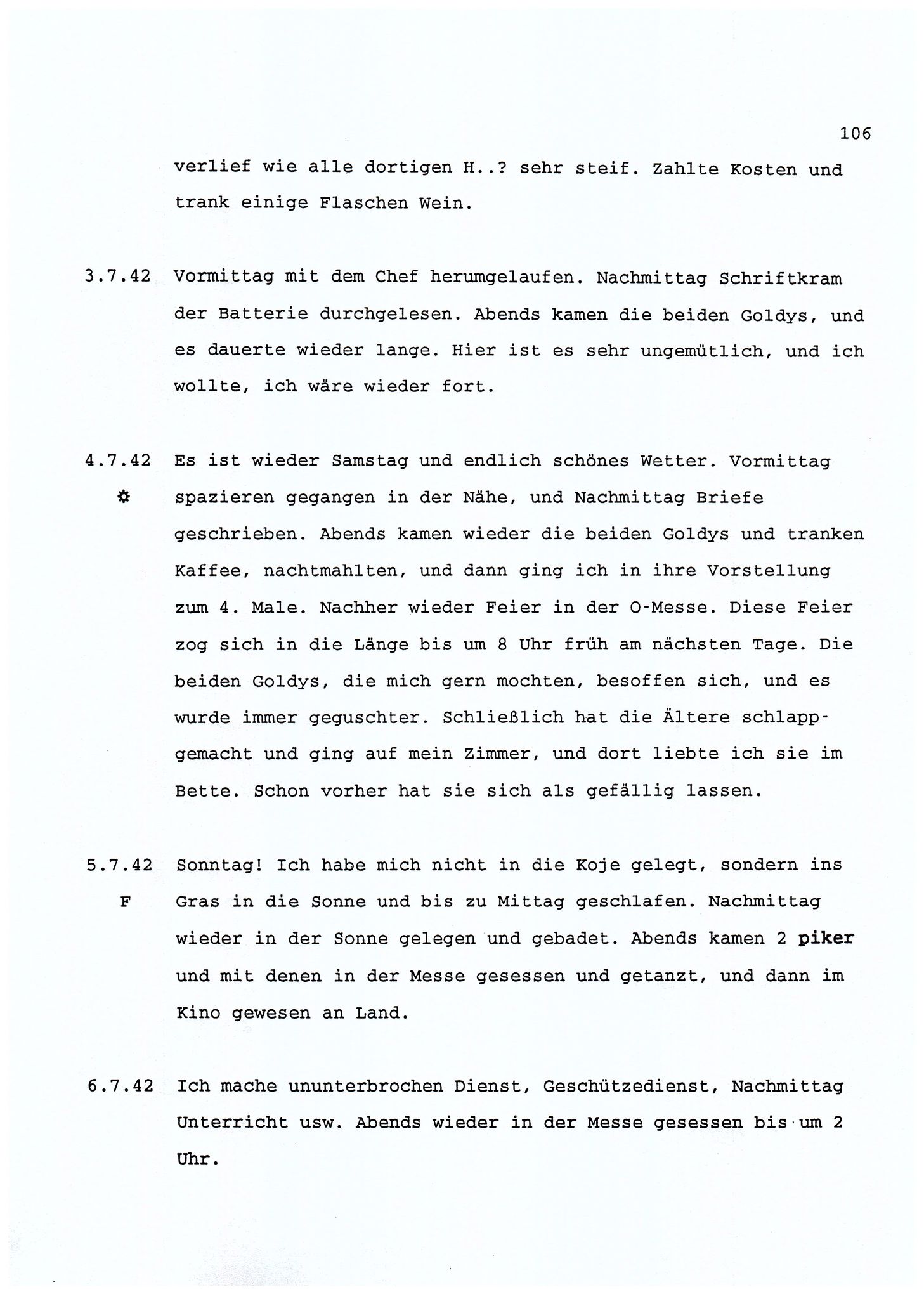Dagbokopptegnelser av en tysk marineoffiser stasjonert i Norge , FMFB/A-1160/F/L0001: Dagbokopptegnelser av en tysk marineoffiser stasjonert i Norge, 1941-1944, p. 106