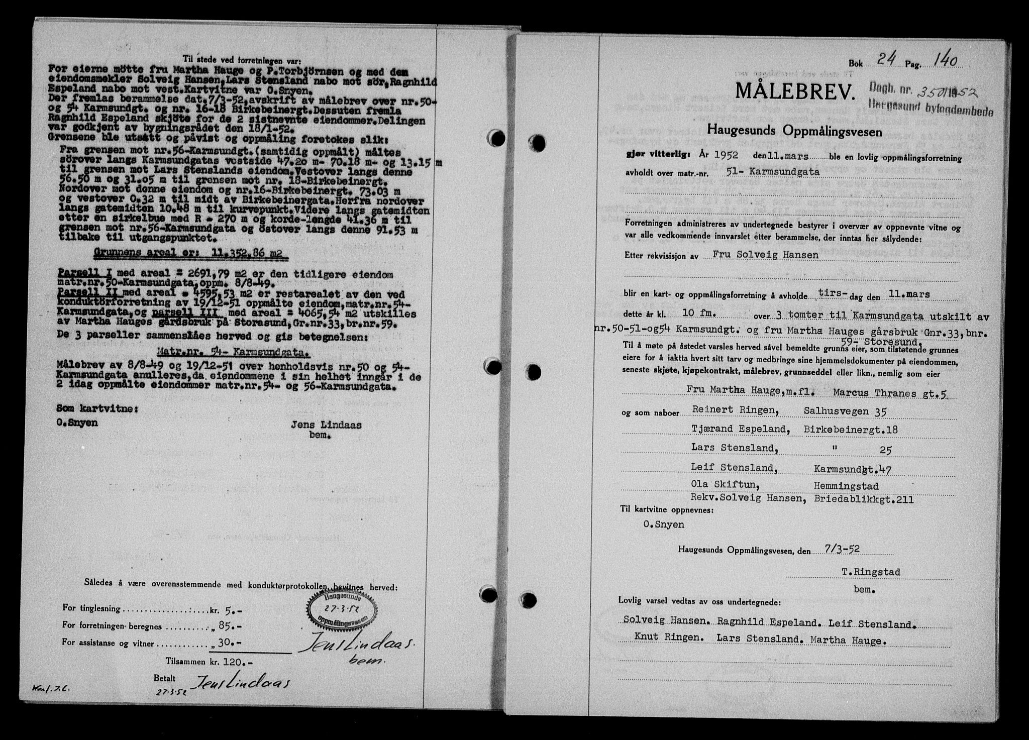 Haugesund tingrett, AV/SAST-A-101415/01/II/IIC/L0065: Mortgage book no. A 6, 1951-1953, Diary no: : 350/1952
