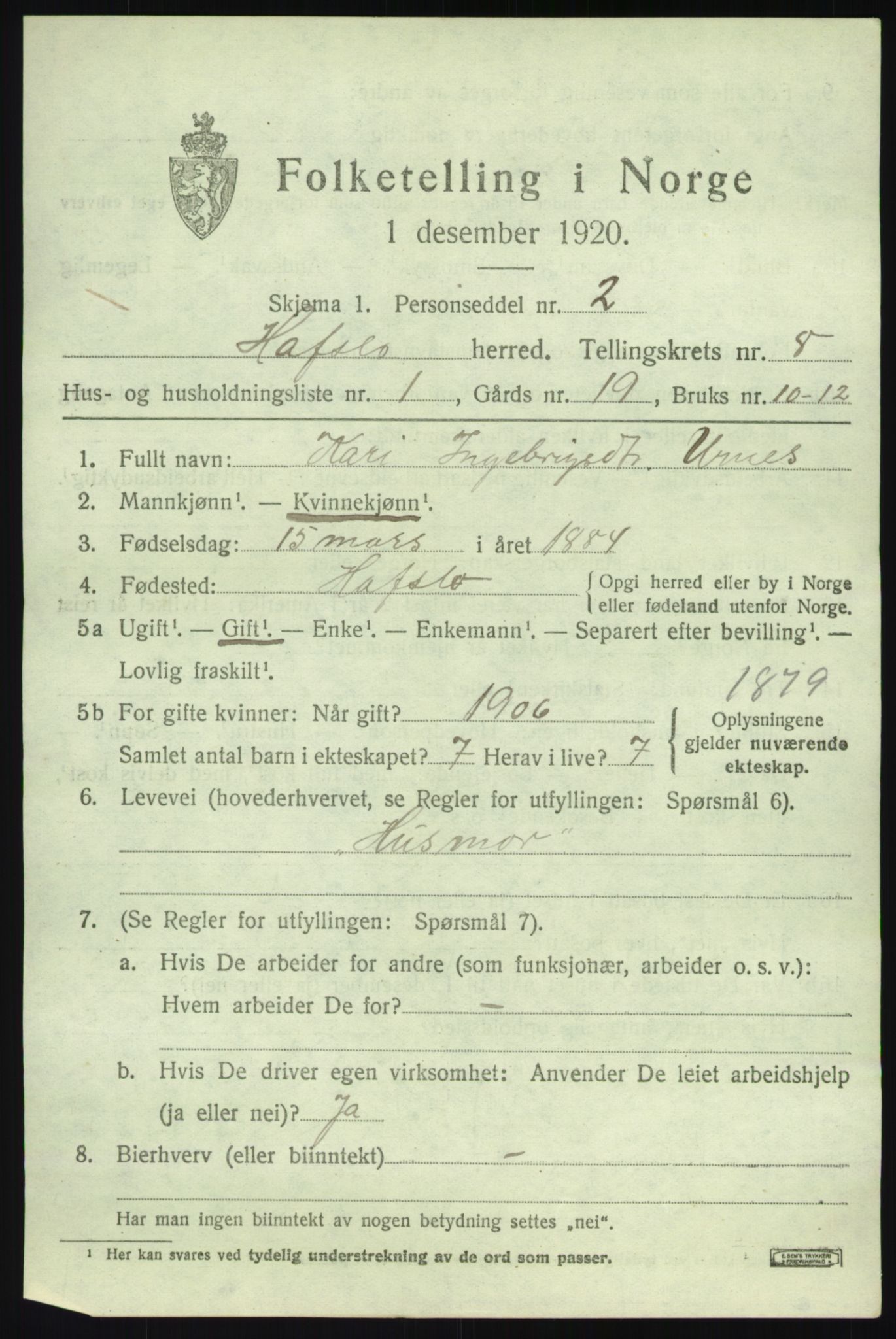 SAB, 1920 census for Hafslo, 1920, p. 5650