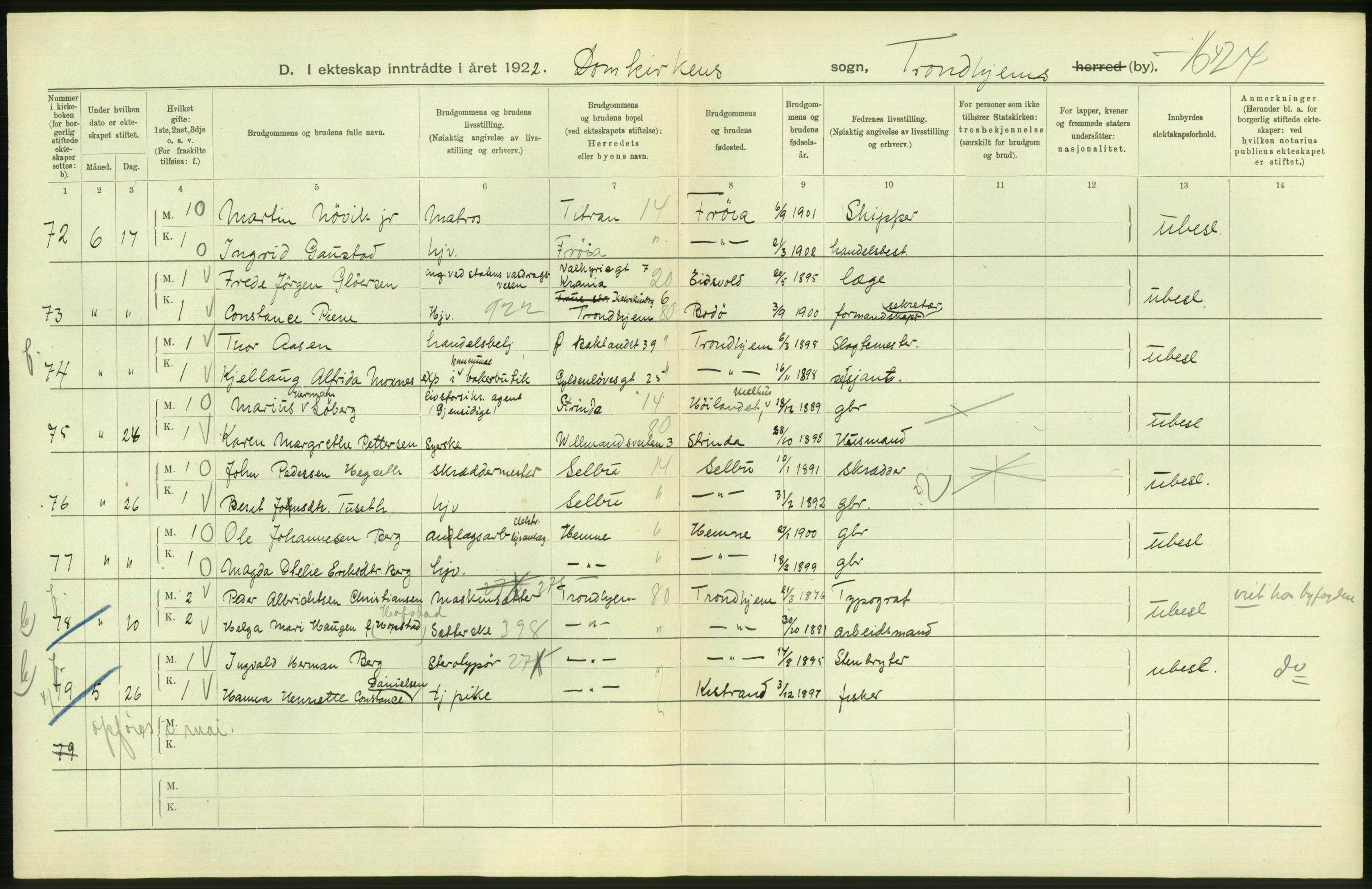 Statistisk sentralbyrå, Sosiodemografiske emner, Befolkning, AV/RA-S-2228/D/Df/Dfc/Dfcb/L0040: Trondheim: Gifte, døde, dødfødte., 1922, p. 22