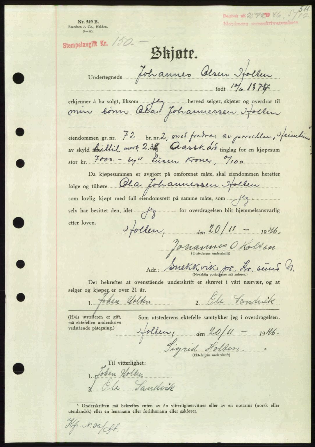 Nordmøre sorenskriveri, AV/SAT-A-4132/1/2/2Ca: Mortgage book no. A103, 1946-1947, Diary no: : 2572/1946