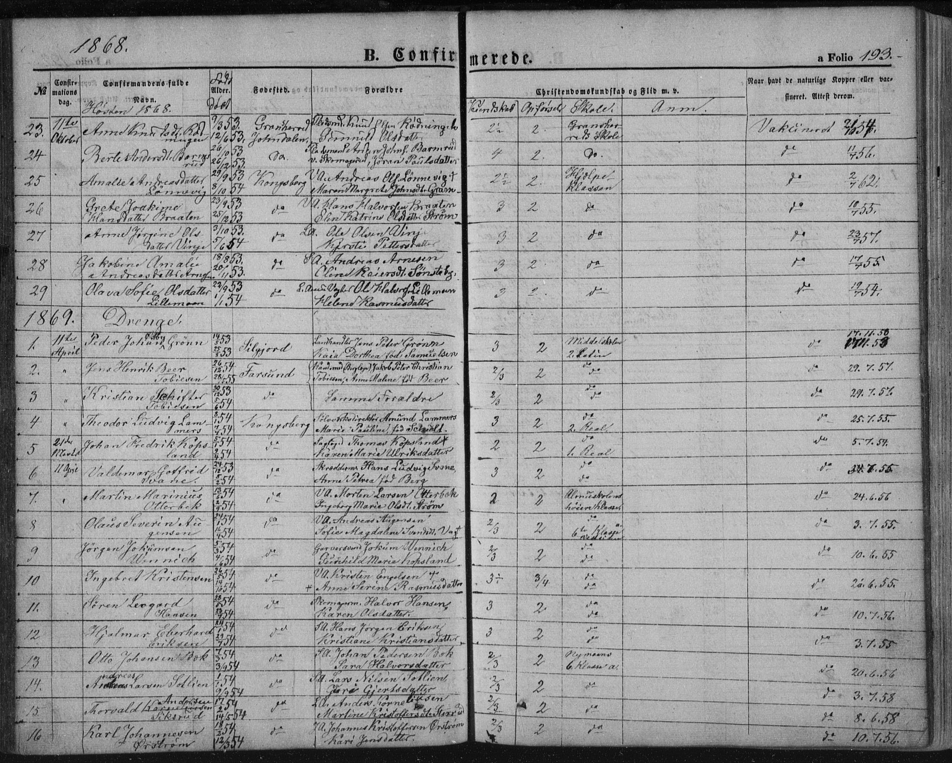 Kongsberg kirkebøker, SAKO/A-22/F/Fa/L0010: Parish register (official) no. I 10, 1859-1875, p. 193