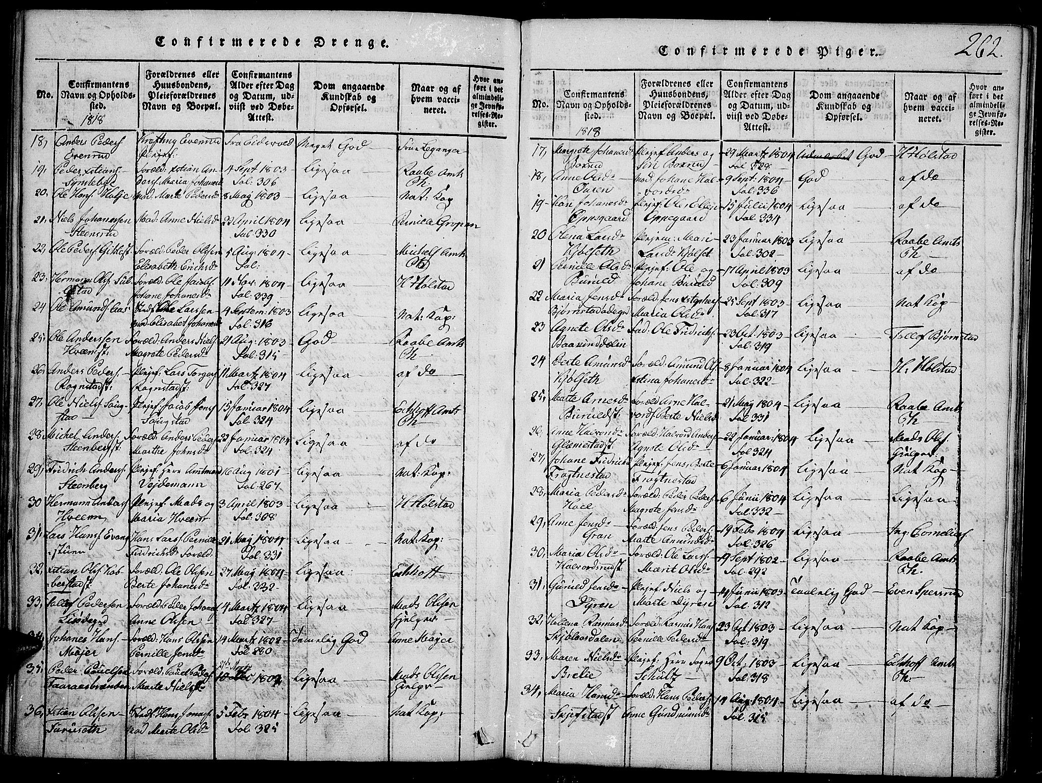 Toten prestekontor, SAH/PREST-102/H/Ha/Haa/L0009: Parish register (official) no. 9, 1814-1820, p. 262