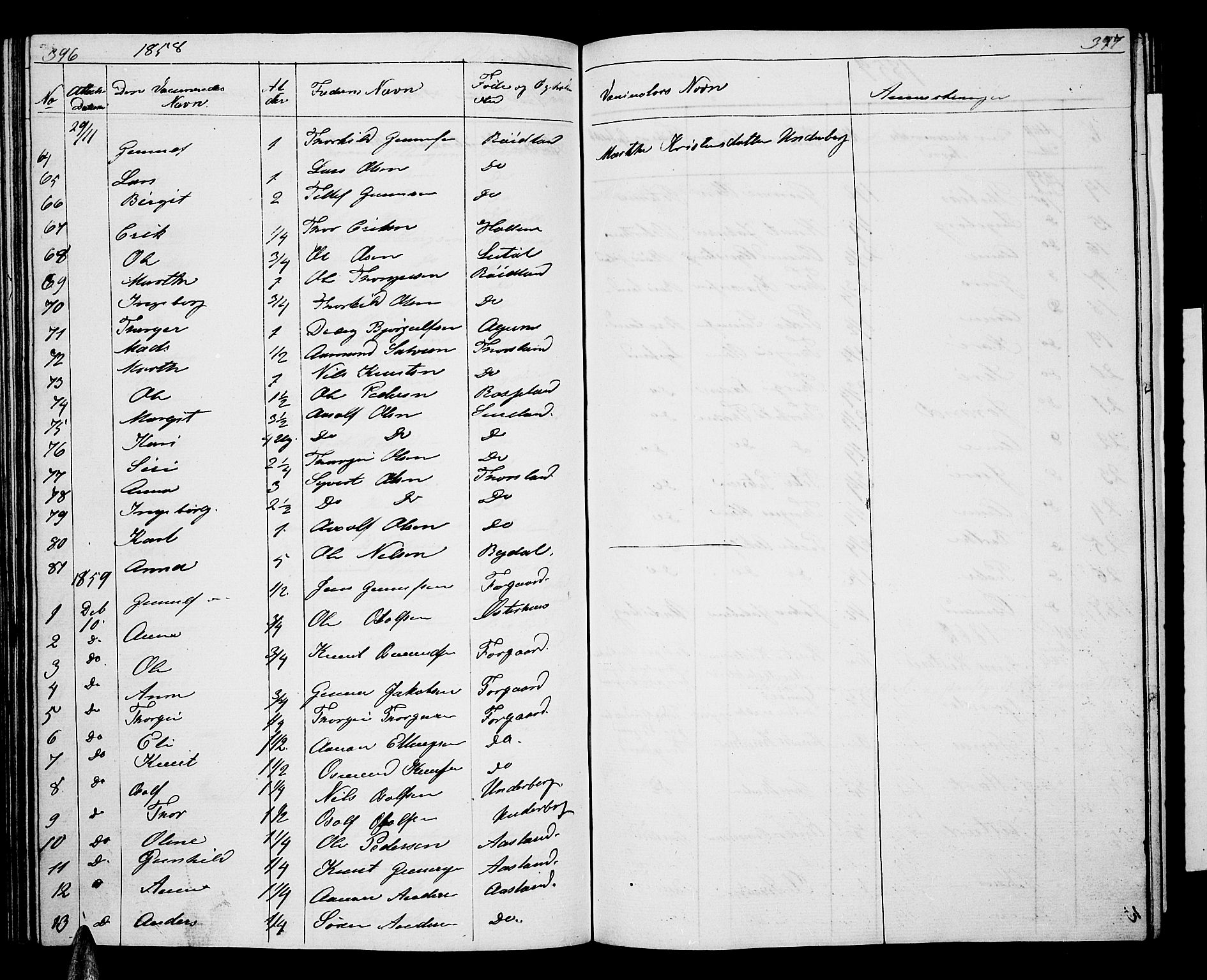 Åseral sokneprestkontor, AV/SAK-1111-0051/F/Fb/L0001: Parish register (copy) no. B 1, 1856-1877, p. 396-397