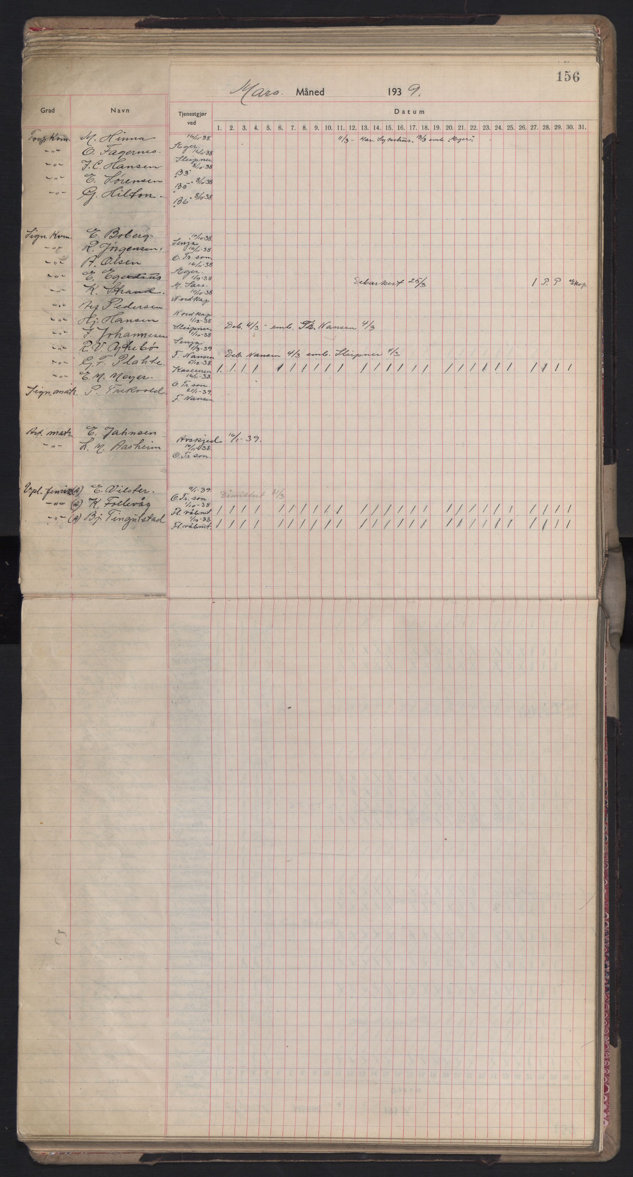 Forsvaret, Sjømilitære korps, Håndverkskorpset og Minekorpset, RA/RAFA-1907/P/Pd/L0001: Mønstringsbok, 1936-1940, p. 156