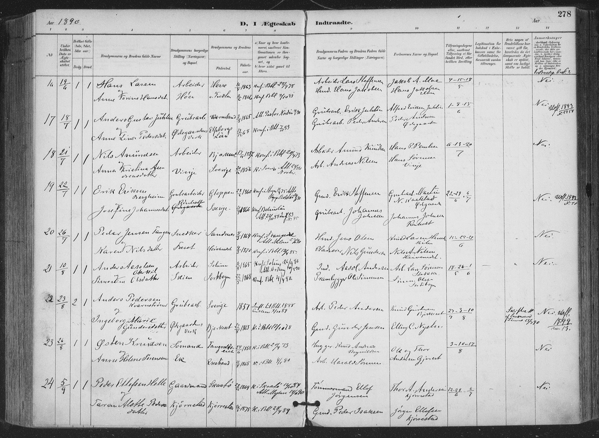 Bamble kirkebøker, AV/SAKO-A-253/F/Fa/L0008: Parish register (official) no. I 8, 1888-1900, p. 278