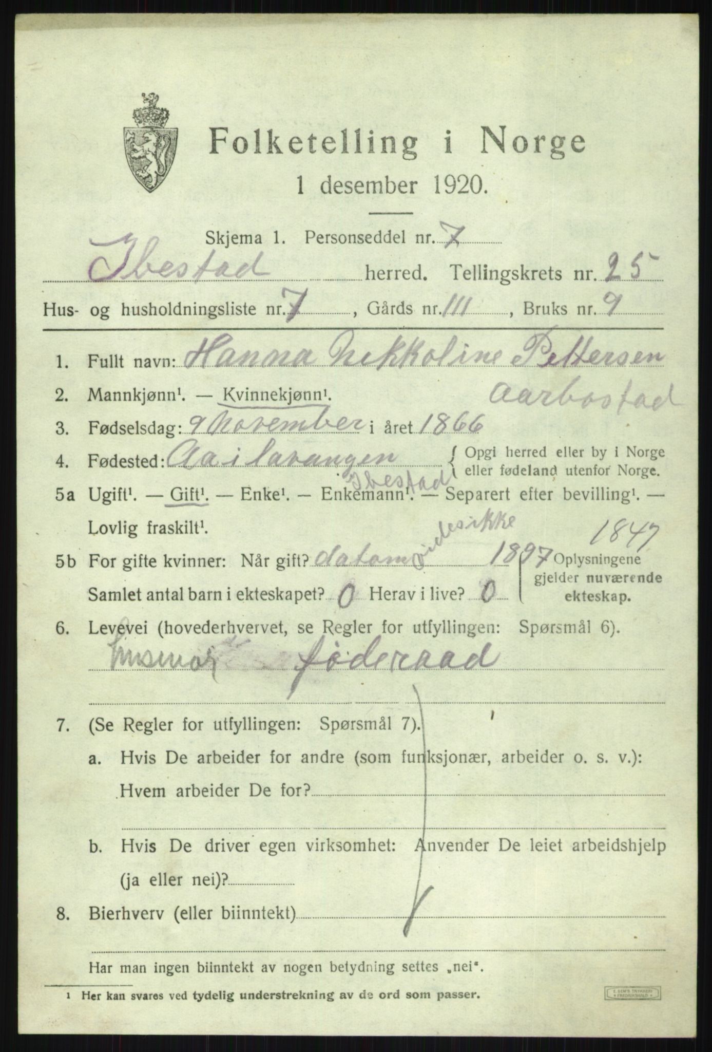 SATØ, 1920 census for Ibestad, 1920, p. 13354
