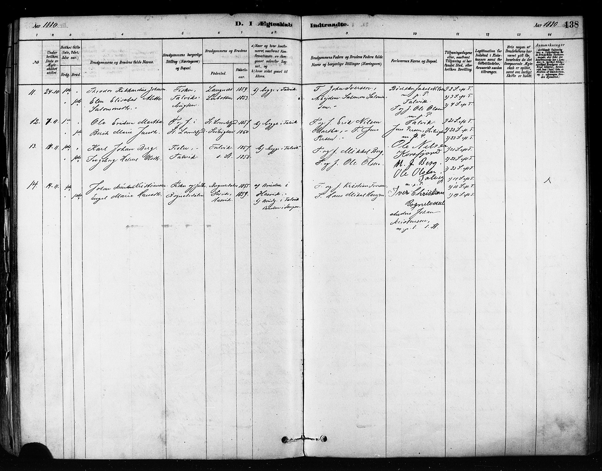 Talvik sokneprestkontor, AV/SATØ-S-1337/H/Ha/L0012kirke: Parish register (official) no. 12, 1878-1886, p. 138