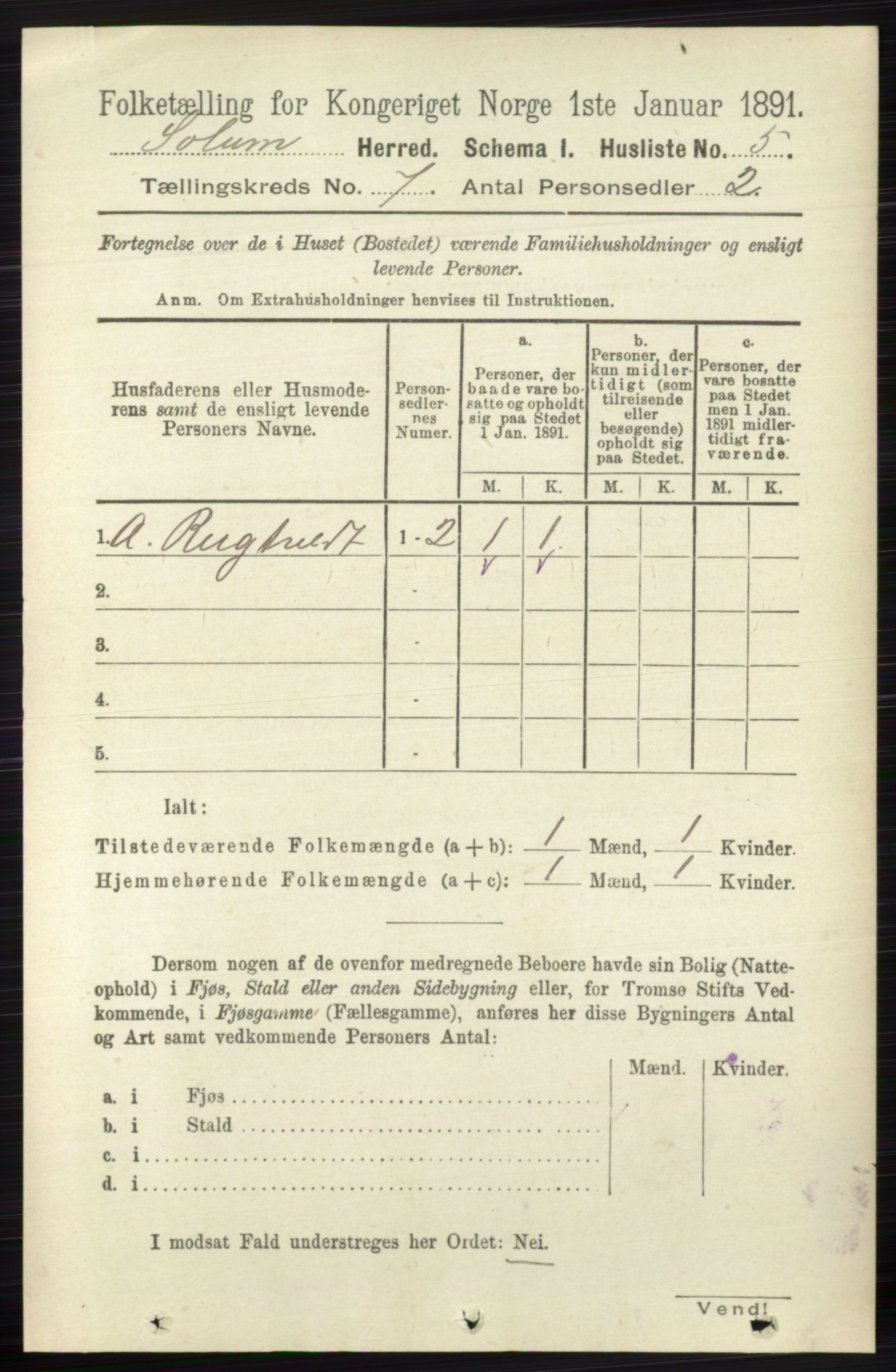 RA, 1891 census for 0818 Solum, 1891, p. 2492