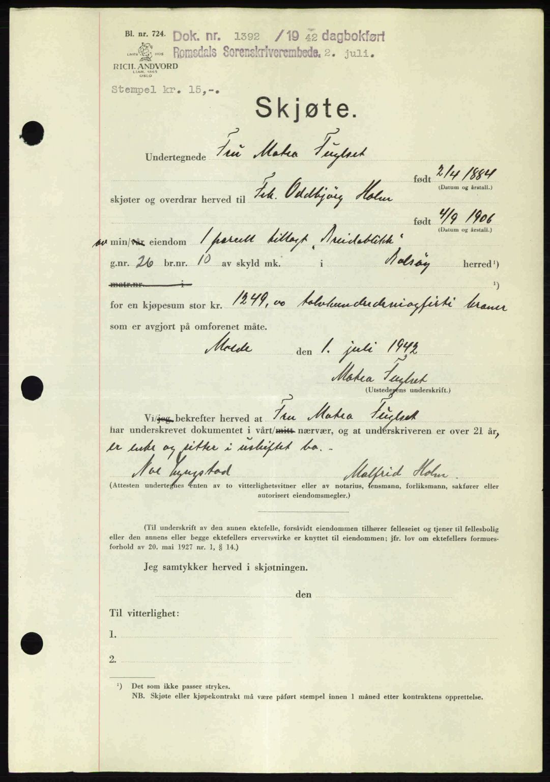 Romsdal sorenskriveri, AV/SAT-A-4149/1/2/2C: Mortgage book no. A12, 1942-1942, Diary no: : 1392/1942