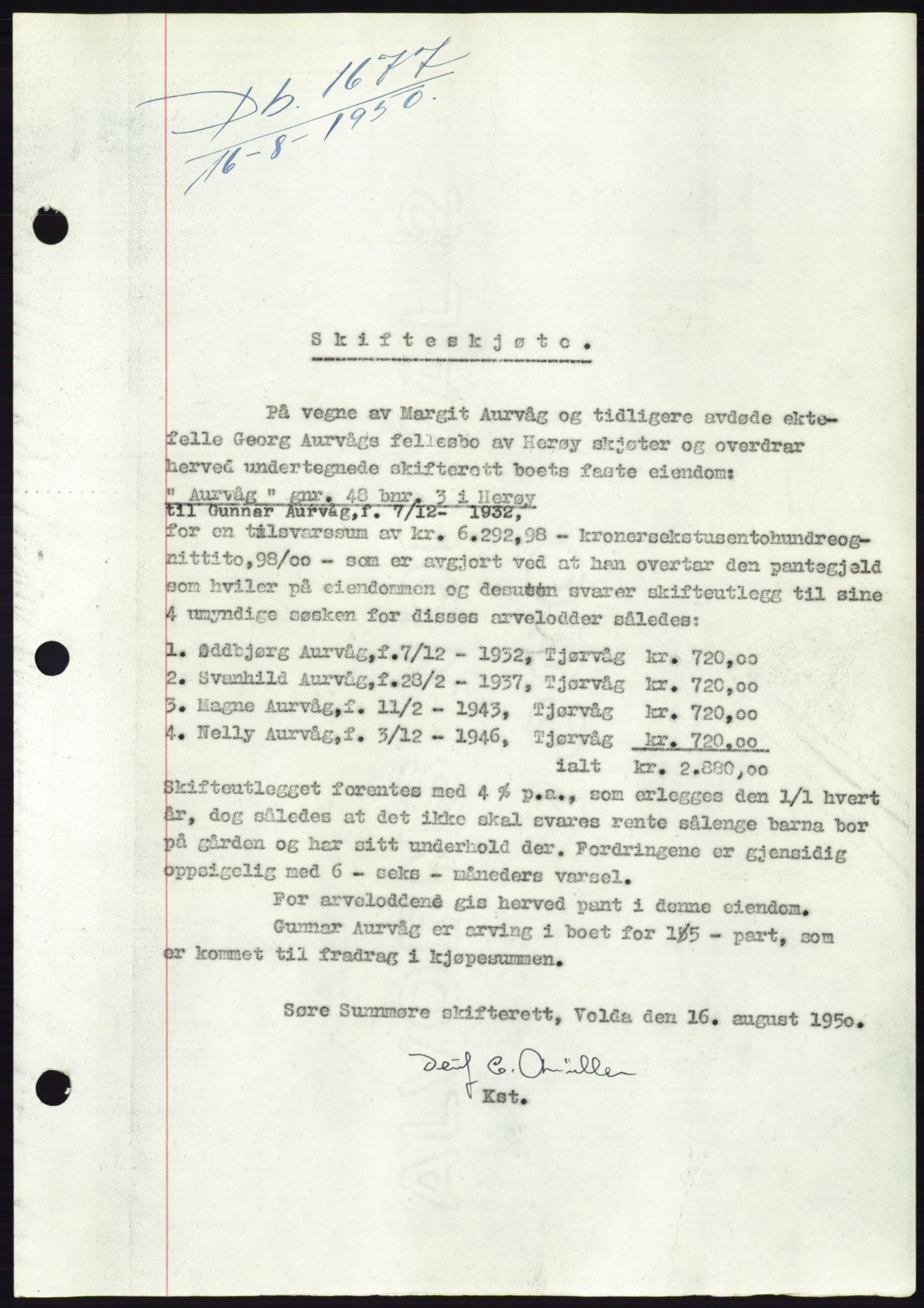 Søre Sunnmøre sorenskriveri, AV/SAT-A-4122/1/2/2C/L0087: Mortgage book no. 13A, 1950-1950, Diary no: : 1677/1950