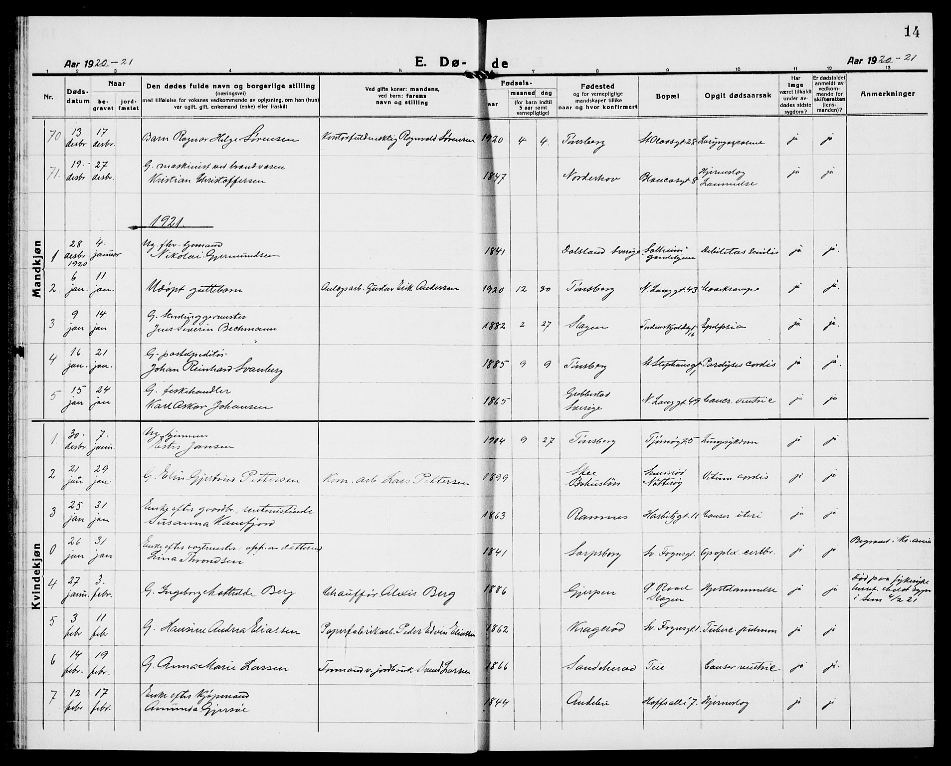 Tønsberg kirkebøker, SAKO/A-330/G/Ga/L0018: Parish register (copy) no. 18, 1920-1935, p. 14