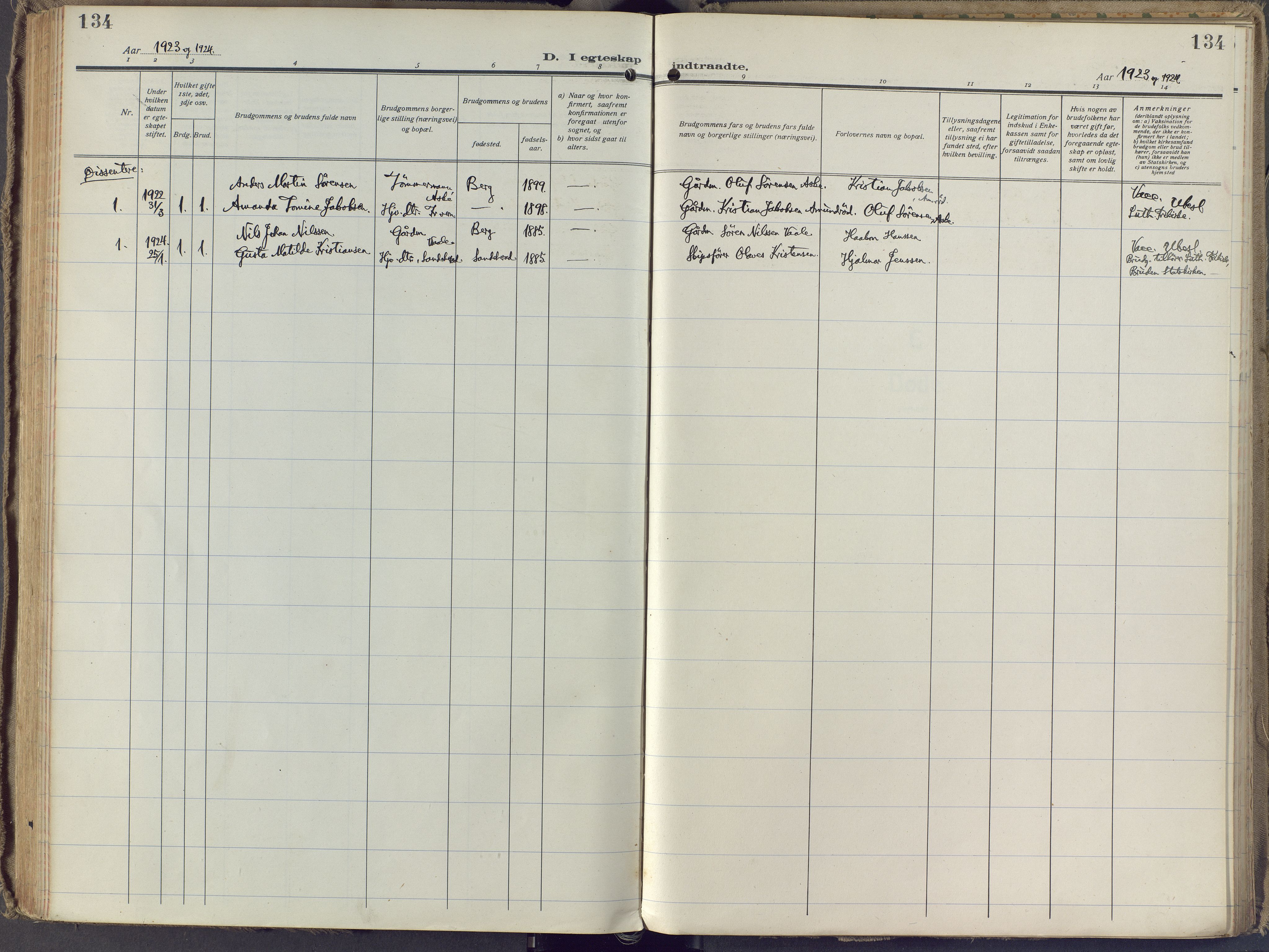 Brunlanes kirkebøker, SAKO/A-342/F/Fb/L0004: Parish register (official) no. II 4, 1923-1940, p. 134