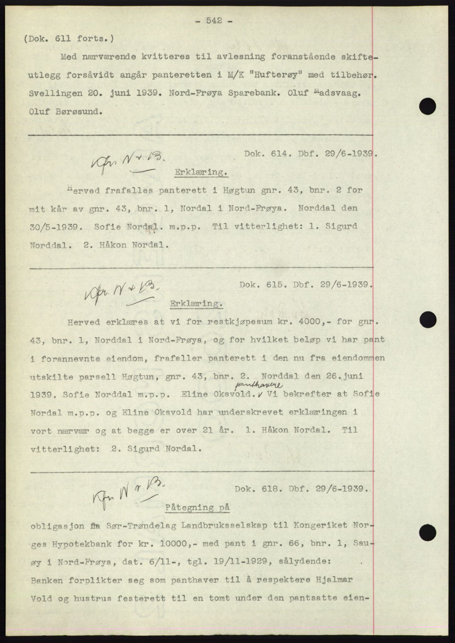 Hitra sorenskriveri, AV/SAT-A-0018/2/2C/2Ca: Mortgage book no. C1, 1936-1945, Diary no: : 614/1939