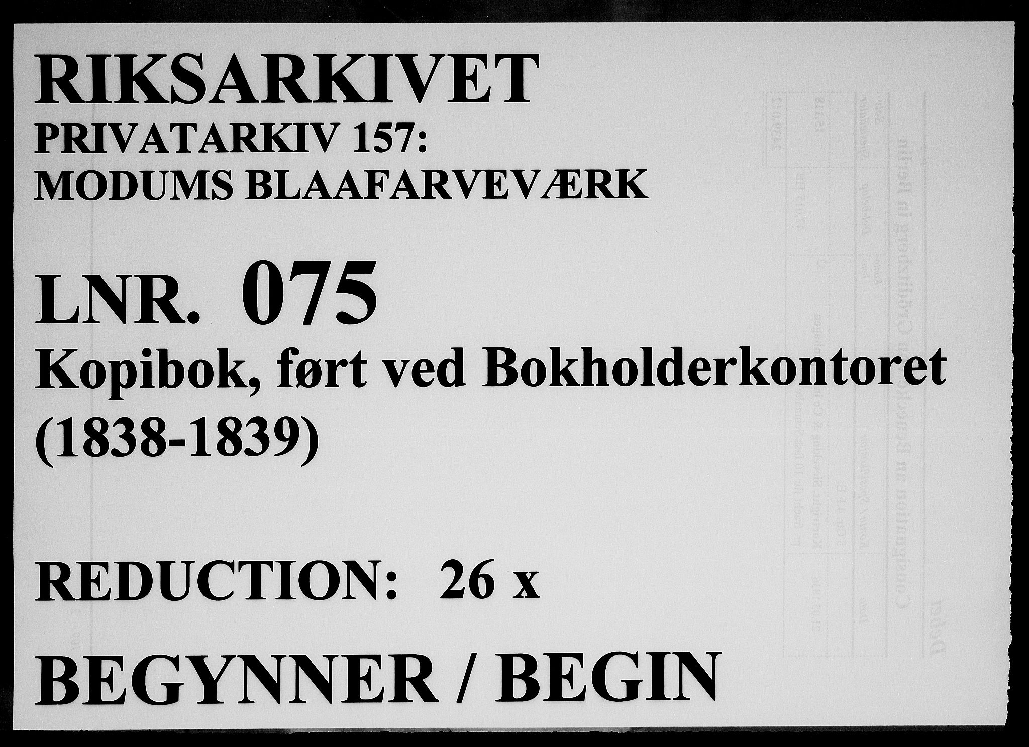 Modums Blaafarveværk, RA/PA-0157/G/Gb/L0075/0001: -- / Kopibok, ført ved Bokholderkontoret, 1835-1837, p. 1