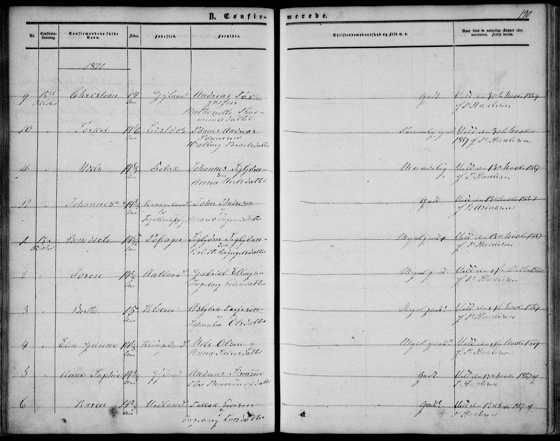 Bakke sokneprestkontor, AV/SAK-1111-0002/F/Fa/Fab/L0002: Parish register (official) no. A 2, 1855-1884, p. 190