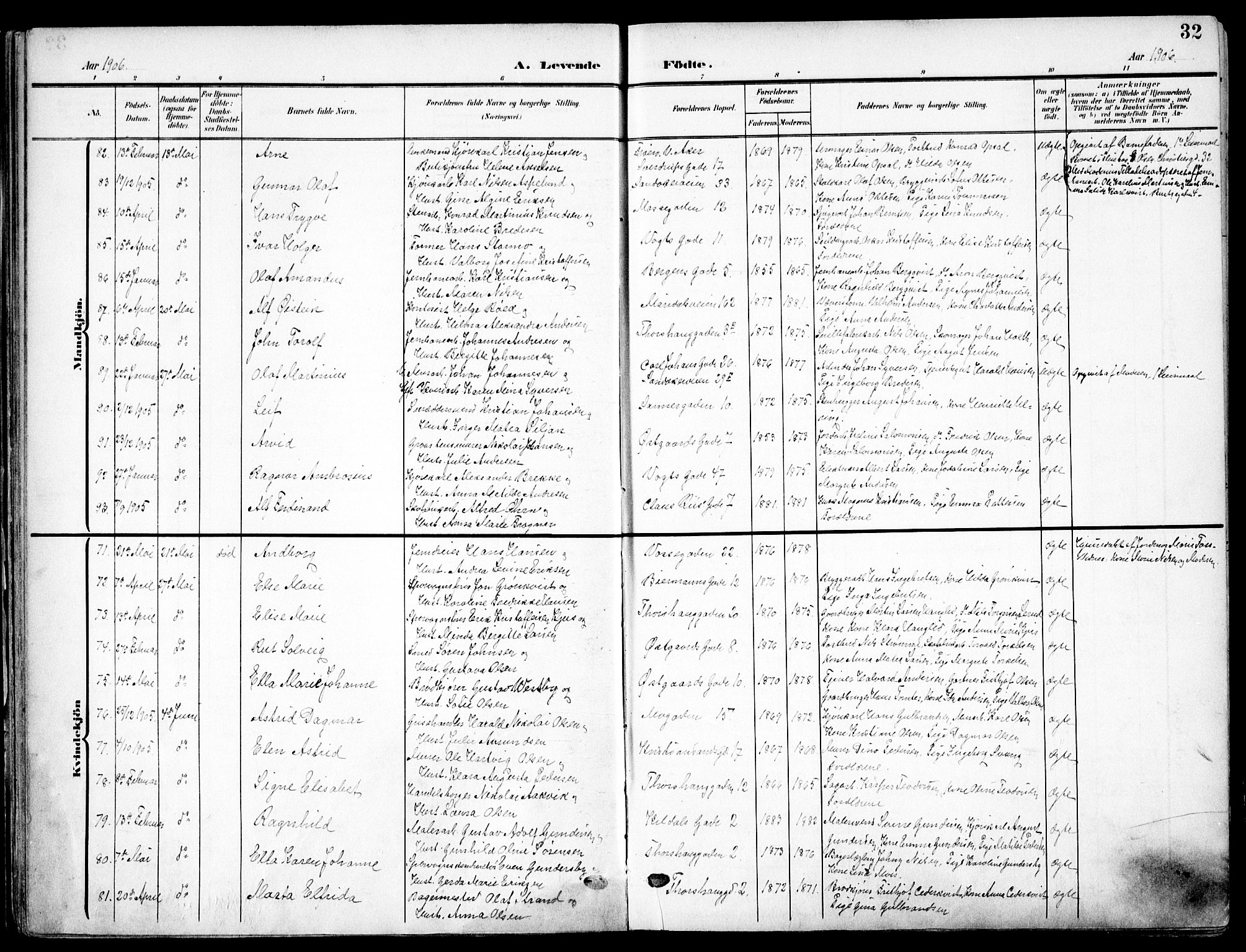 Sagene prestekontor Kirkebøker, AV/SAO-A-10796/F/L0007: Parish register (official) no. 7, 1905-1915, p. 32