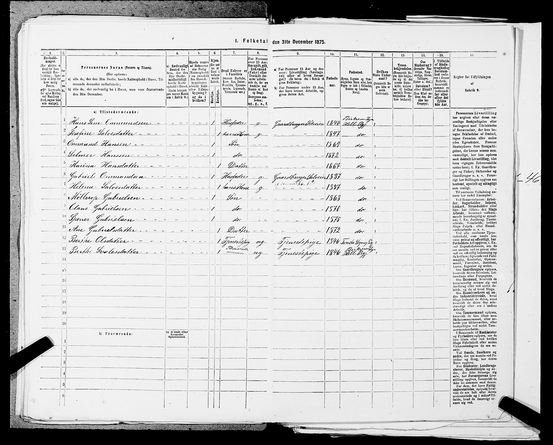 SAST, 1875 census for 1115P Helleland, 1875, p. 876