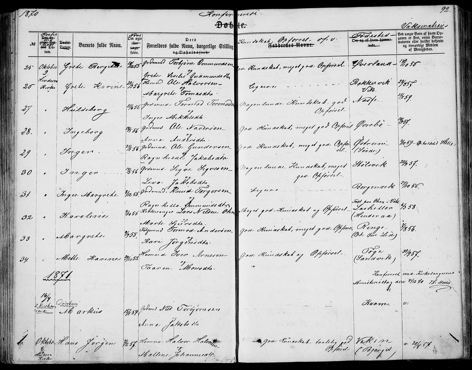 Nedstrand sokneprestkontor, SAST/A-101841/01/IV: Parish register (official) no. A 9, 1861-1876, p. 92