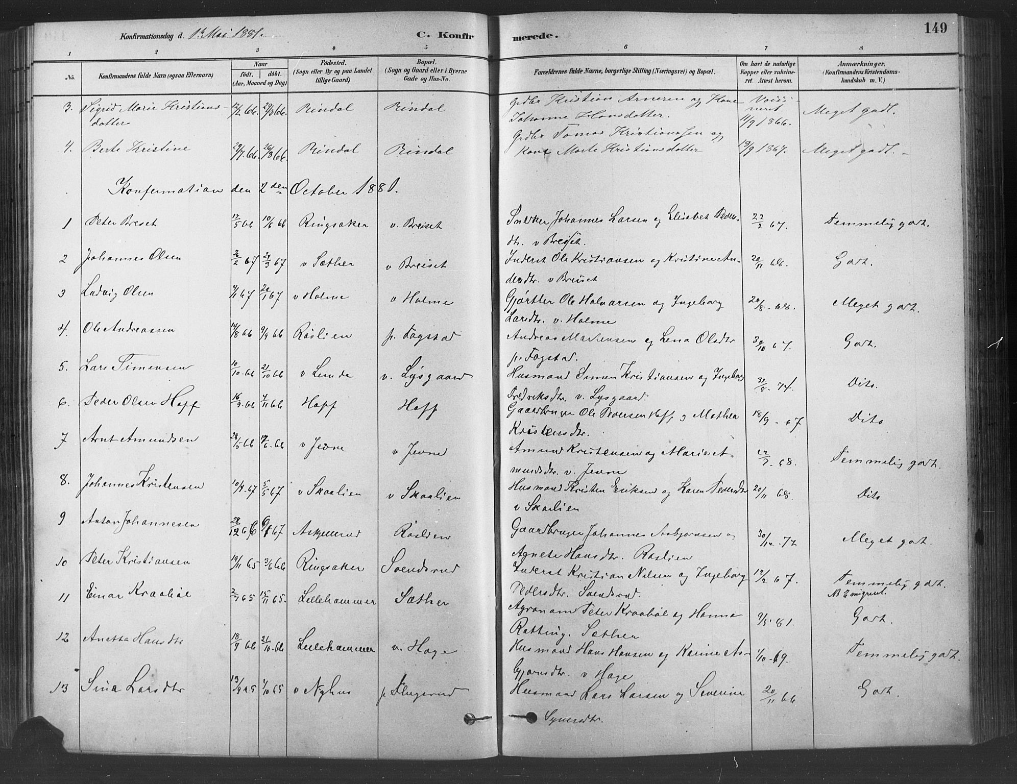 Fåberg prestekontor, AV/SAH-PREST-086/H/Ha/Haa/L0009: Parish register (official) no. 9, 1879-1898, p. 149