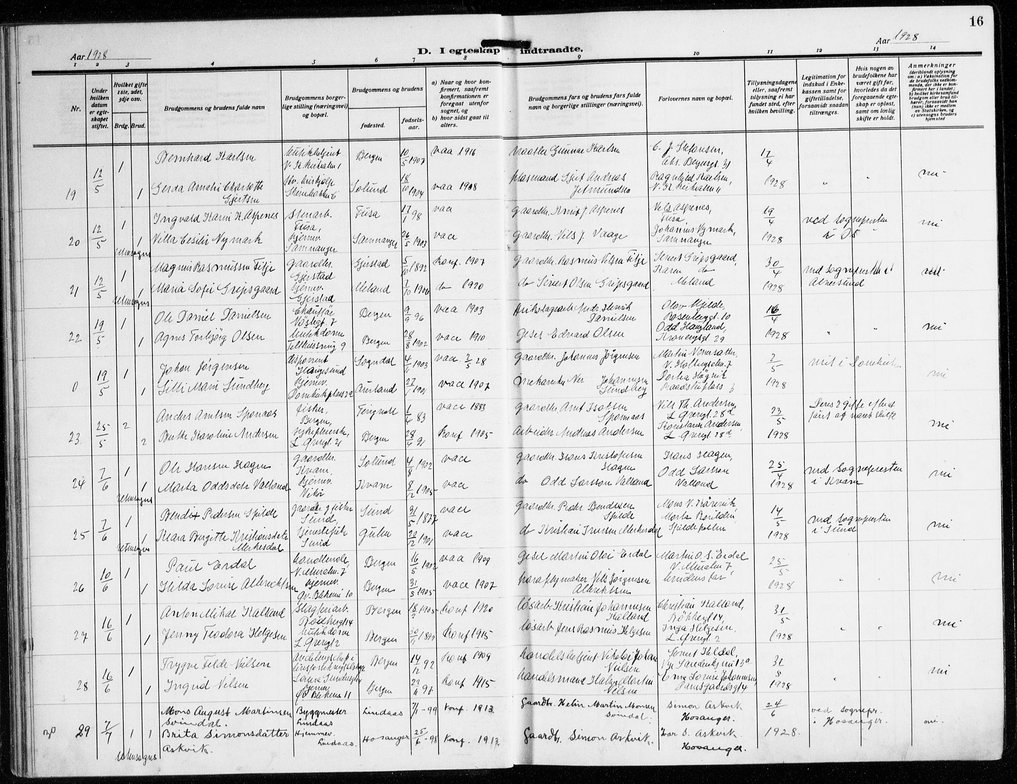 Korskirken sokneprestembete, AV/SAB-A-76101/H/Hab: Parish register (copy) no. D 5, 1926-1944, p. 16