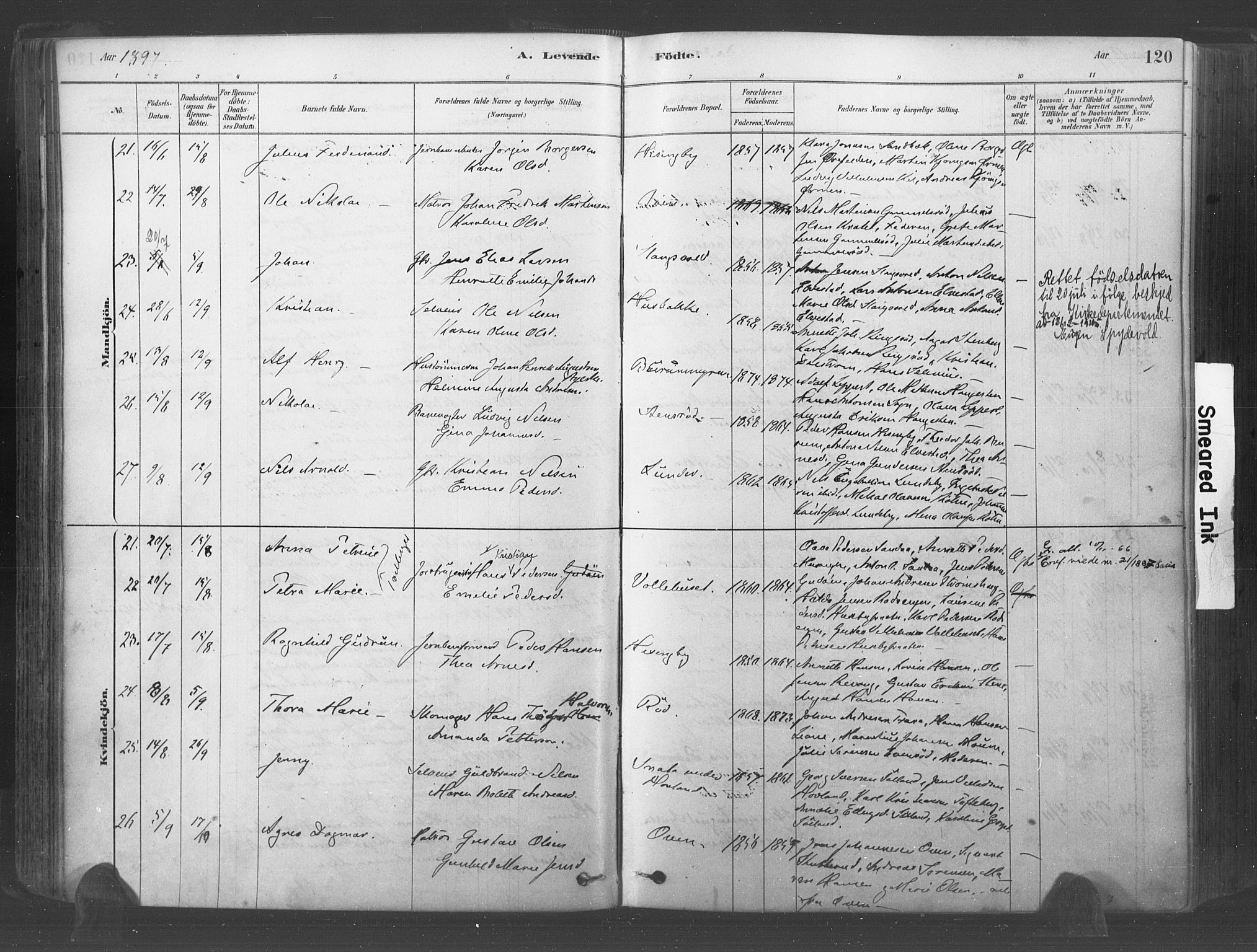 Råde prestekontor kirkebøker, AV/SAO-A-2009/F/Fa/L0007: Parish register (official) no. 7, 1878-1902, p. 120