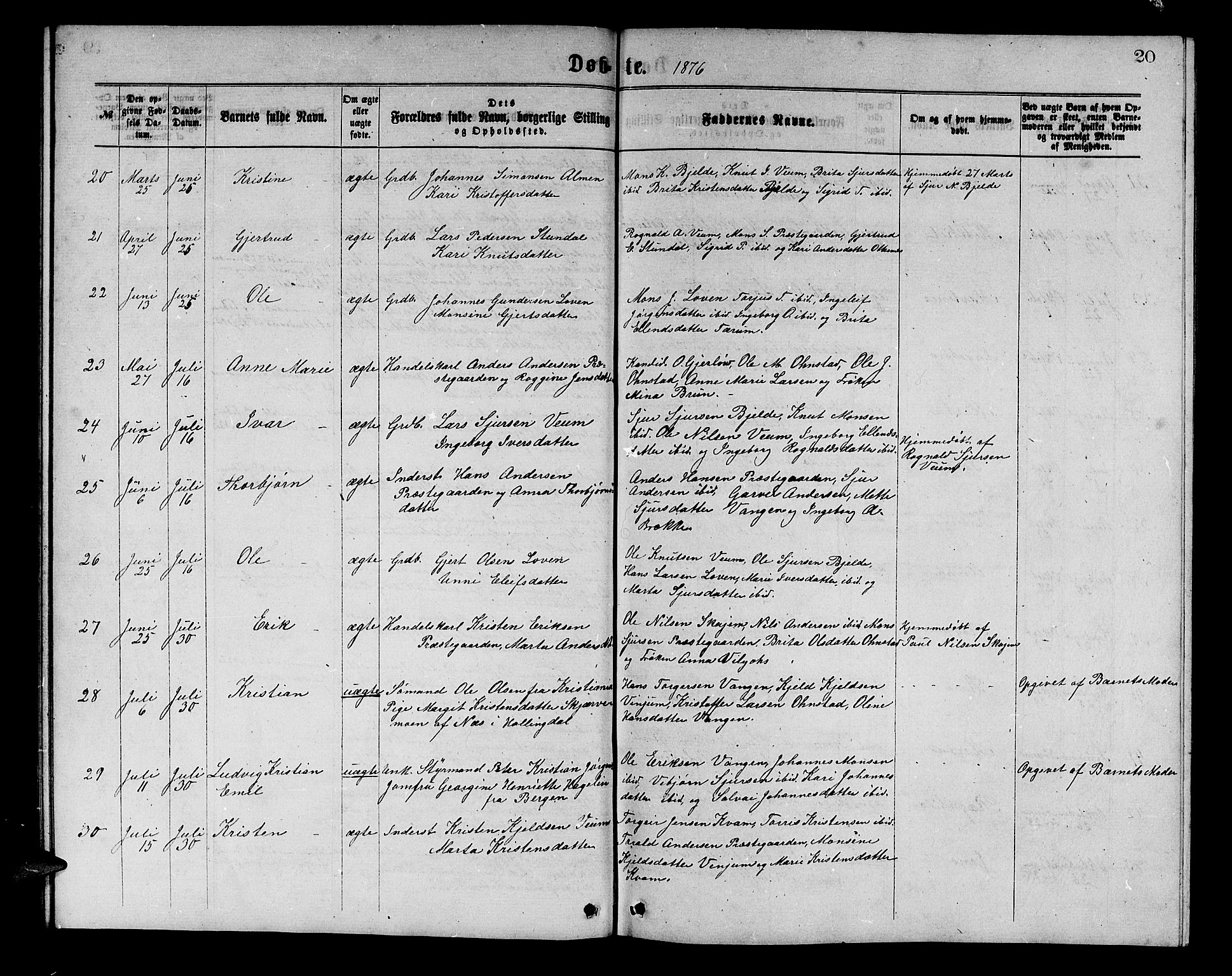 Aurland sokneprestembete, AV/SAB-A-99937/H/Hb/Hba/L0001: Parish register (copy) no. A 1, 1868-1881, p. 20