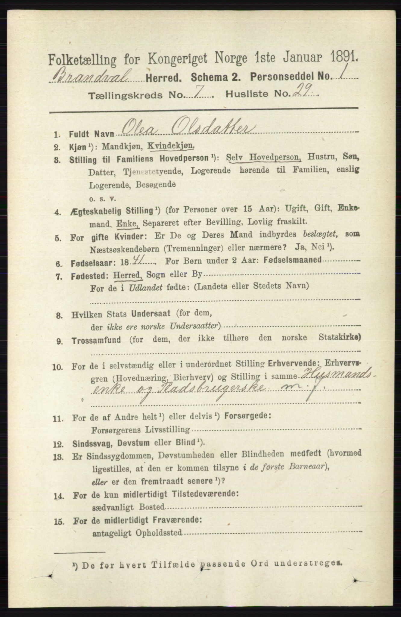 RA, 1891 census for 0422 Brandval, 1891, p. 3521